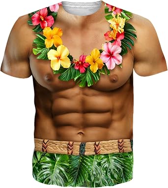 Mens Hawaiian Shirt with Abs Fake Muscle Shirts for Men 3D Funny Graphic Shirt S-XXL