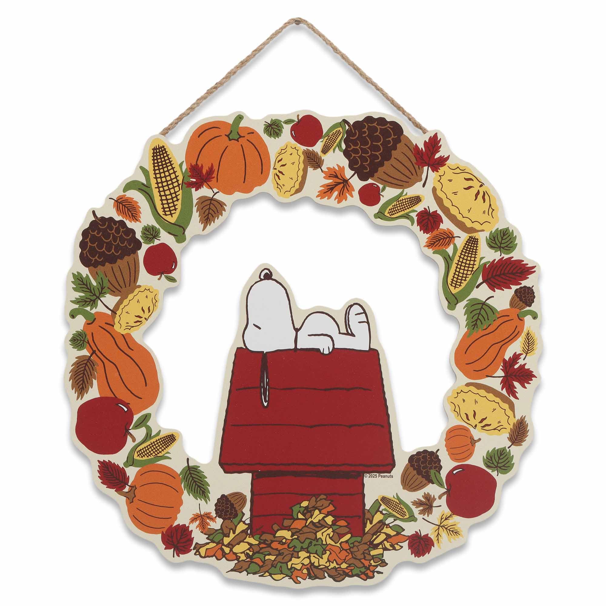 Peanuts Snoopy Autumn Wreath Hanging Wood Wall Decor - Fun Fall Snoopy Sign for Home Decorating