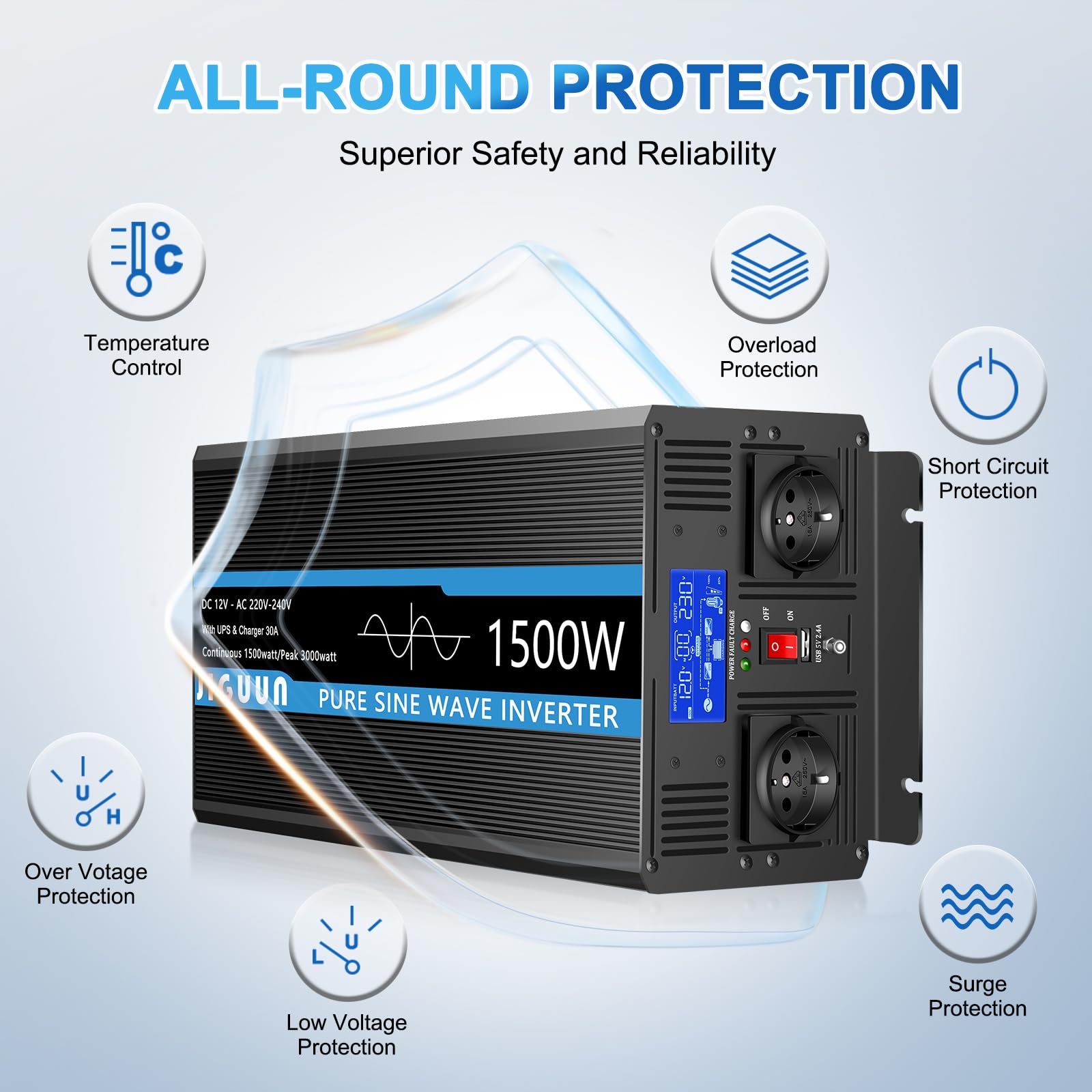 JIGUUN 1500W 3000W Wechselrichter Reiner Sinus Spannungswandler 12V 230V Mit 30A-Ladegerät und Netzvorrangschaltung und USV, 2 EU Steckdosen，Kabellose Fernbedienung und LCD-Anzeige
