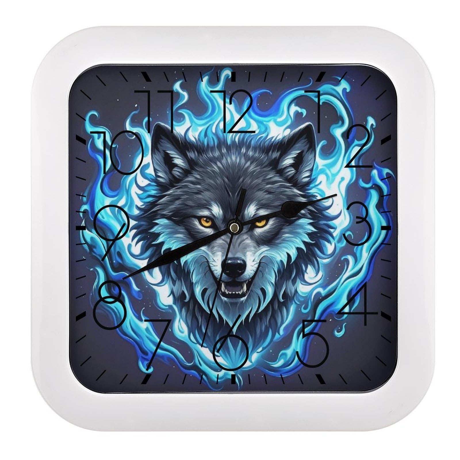 LZQPOEAS Wolf Head in Blue Flames Wall Clock Fashionable Versatile Silent Wall Clock Simple Elegant Non Ticking Analog Clocks Easy to Install Square Modern Clocks for Home Decoration