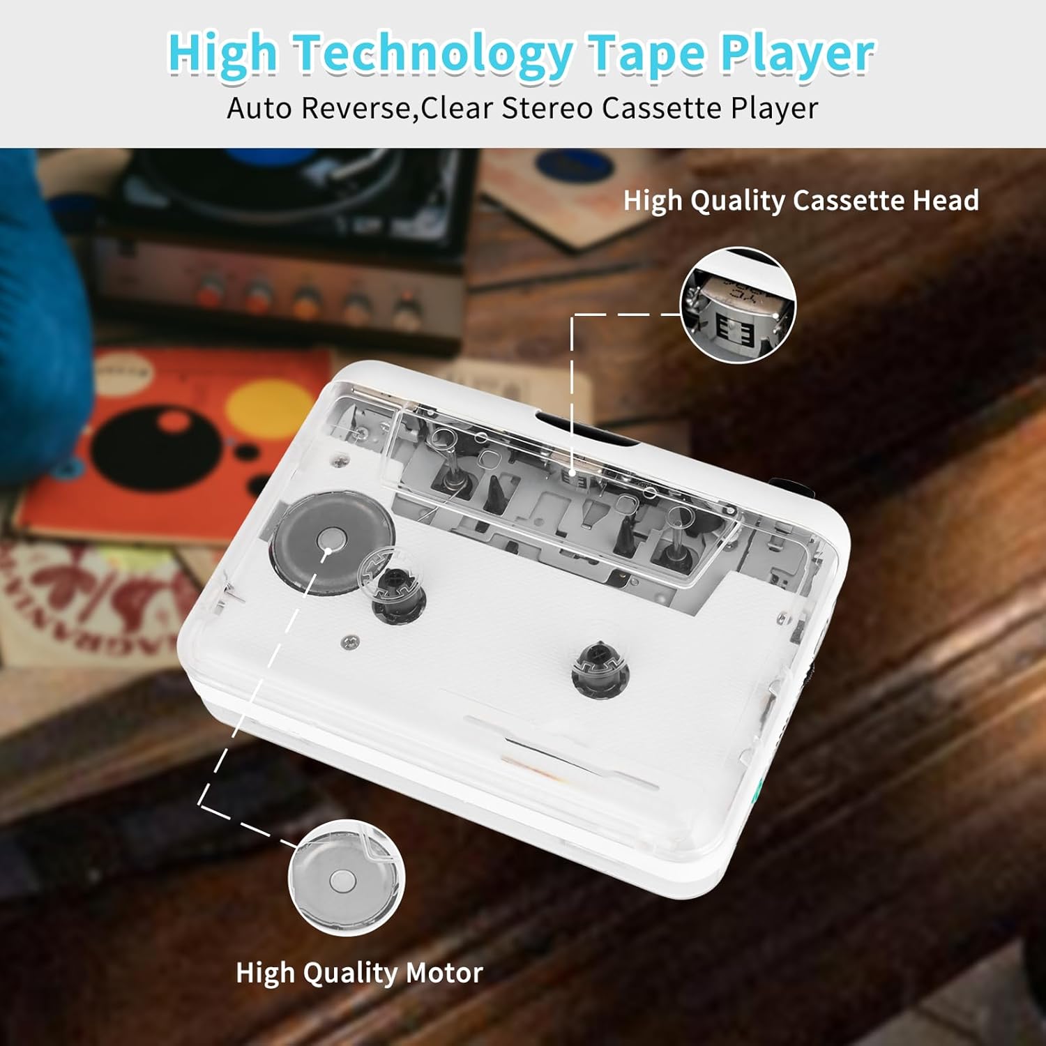 Cassette Player- Clear Stereo＆Auto Reverse Cassette Tape Player-Cassette Tape to MP3 Converter with Tape Converter Software-Built-in Cool Copper Wheel Movement＆Earphone