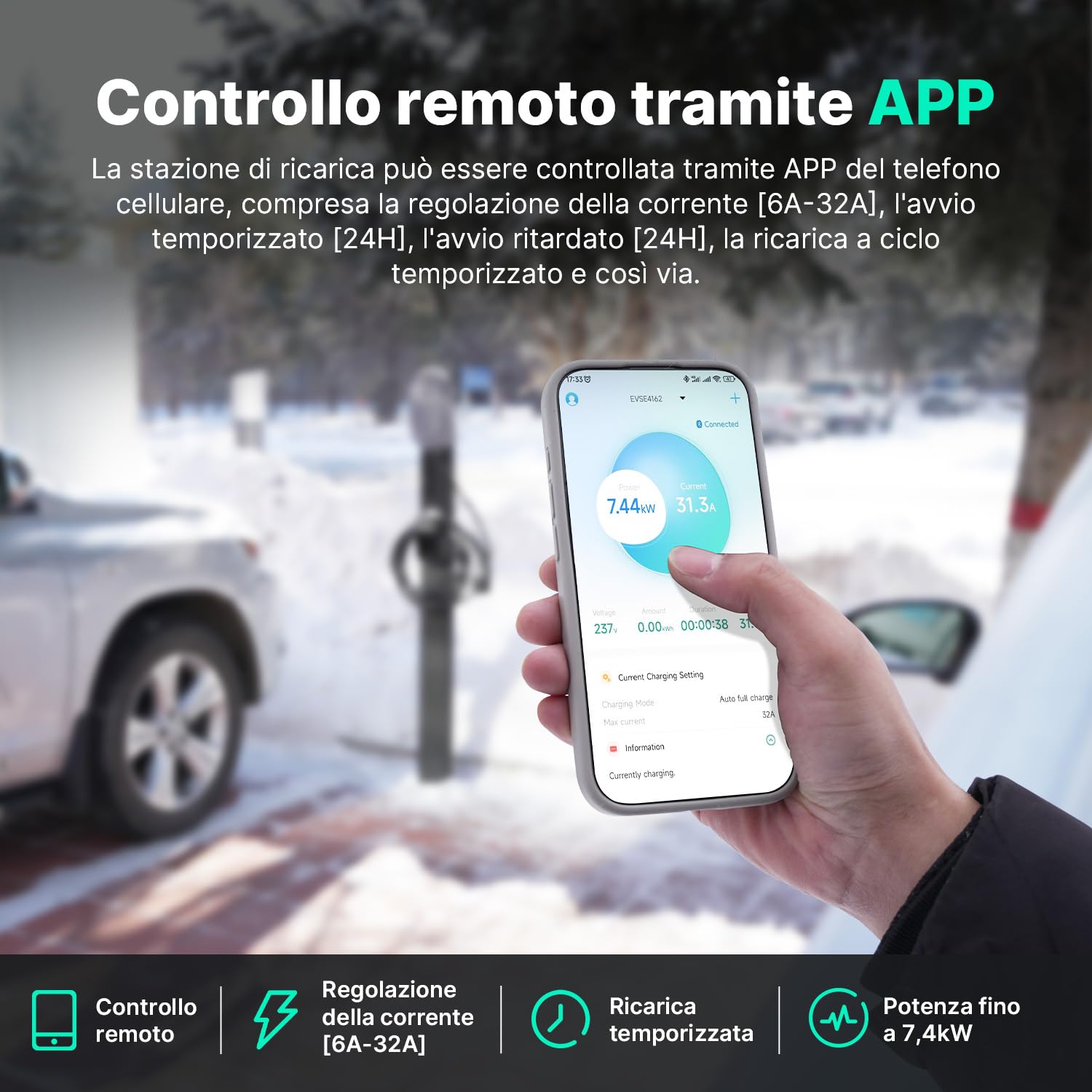 Wallbox 7,4kW Tipo 2 con APP Controllo, Stazione di Ricarica per Veicoli Elettrici, Supporta la Connettività Standard Bluetooth, Caricatore Monofase IEC 62196-2, Cavo 32A 6M