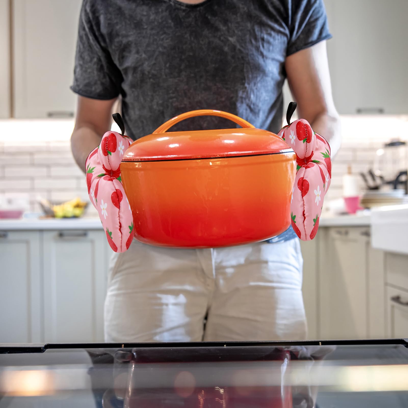 PSC - Juego de 4 manoplas de horno de fresa, decoración de accesorios de cocina de fresa, resistentes al calor para cocinar, hornear, asar a la parrilla y microondas
