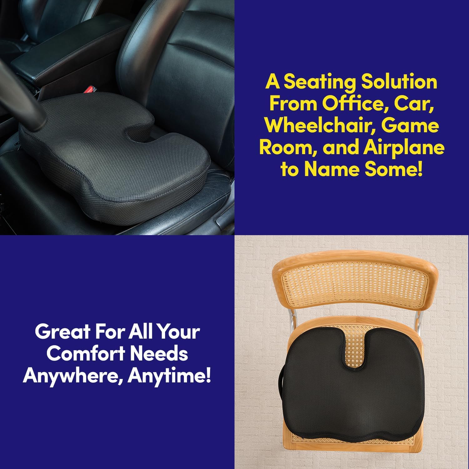 Office Chair Cushion Seat Cushion for Long Sitting ✅– Ergonomic CertiPUR-US® Memory Foam Non Slip Seat Pad for Desk, Car, Travel, Stadium, Bleachers & Airplane ✅– Tailbone Support Pillow