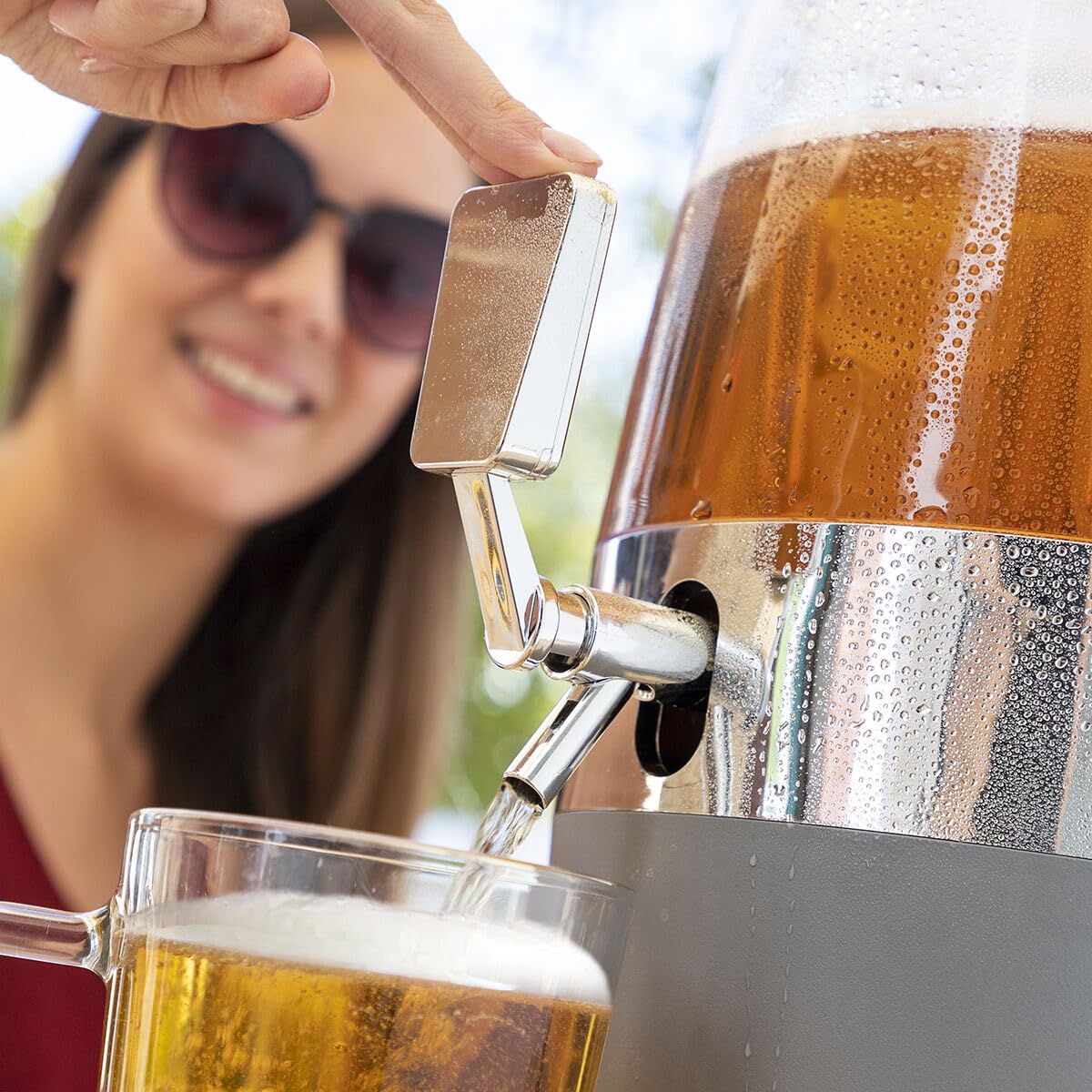 Dispensador de bebidas refrigerante 4 L con grifo antigoteo, doble bandeja de hielo extraíble fuente de bebida transparente, depósito refrigerado para cócteles, jirafa cerveza, sangría, té helado