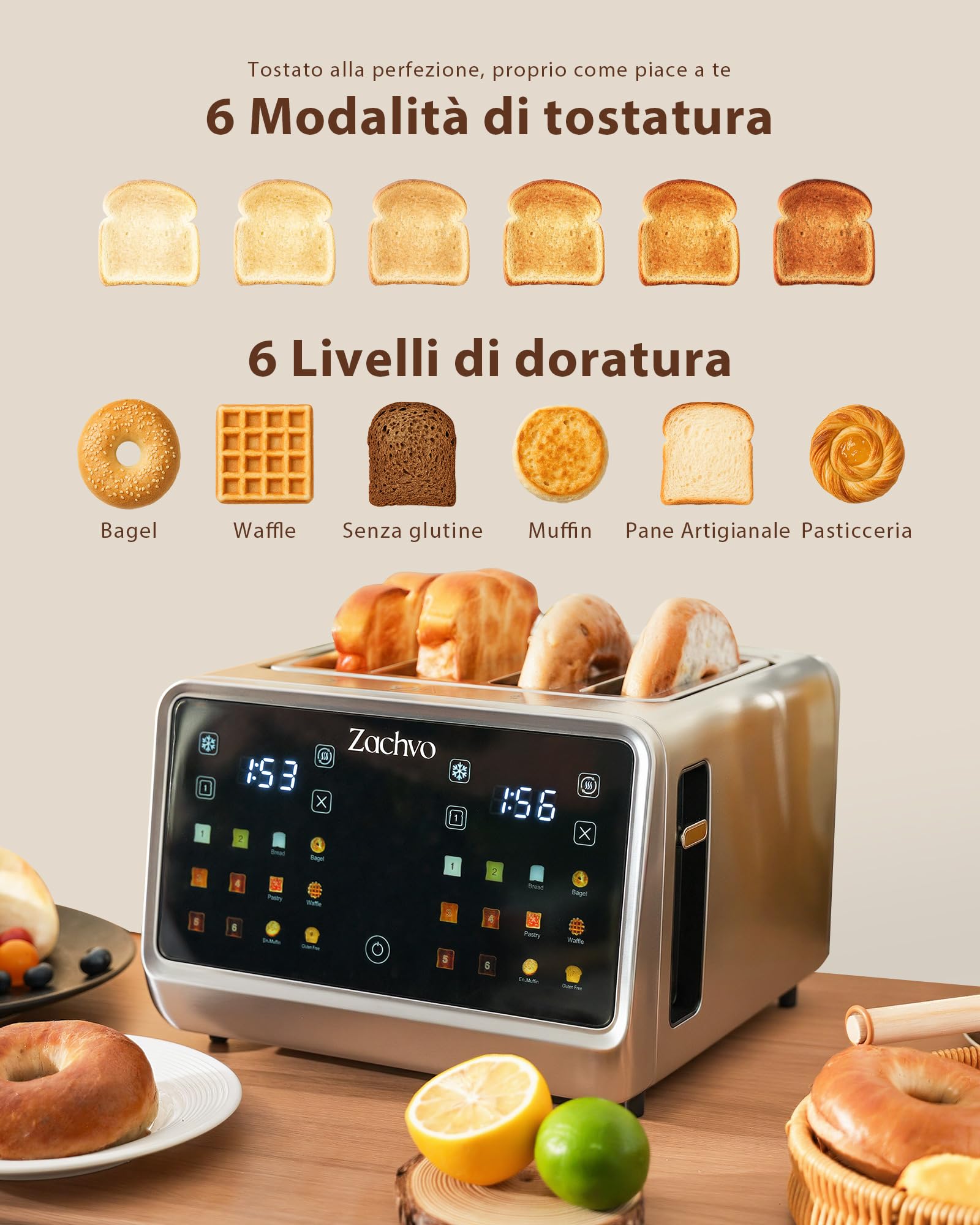 Tostapane 4 fette con touchscreen e timer conto alla rovescia – tostapane lungo in acciaio inox con 2 zone di temperatura indipendenti, fessure extra larghe da 3,7 cm, 6 programmi