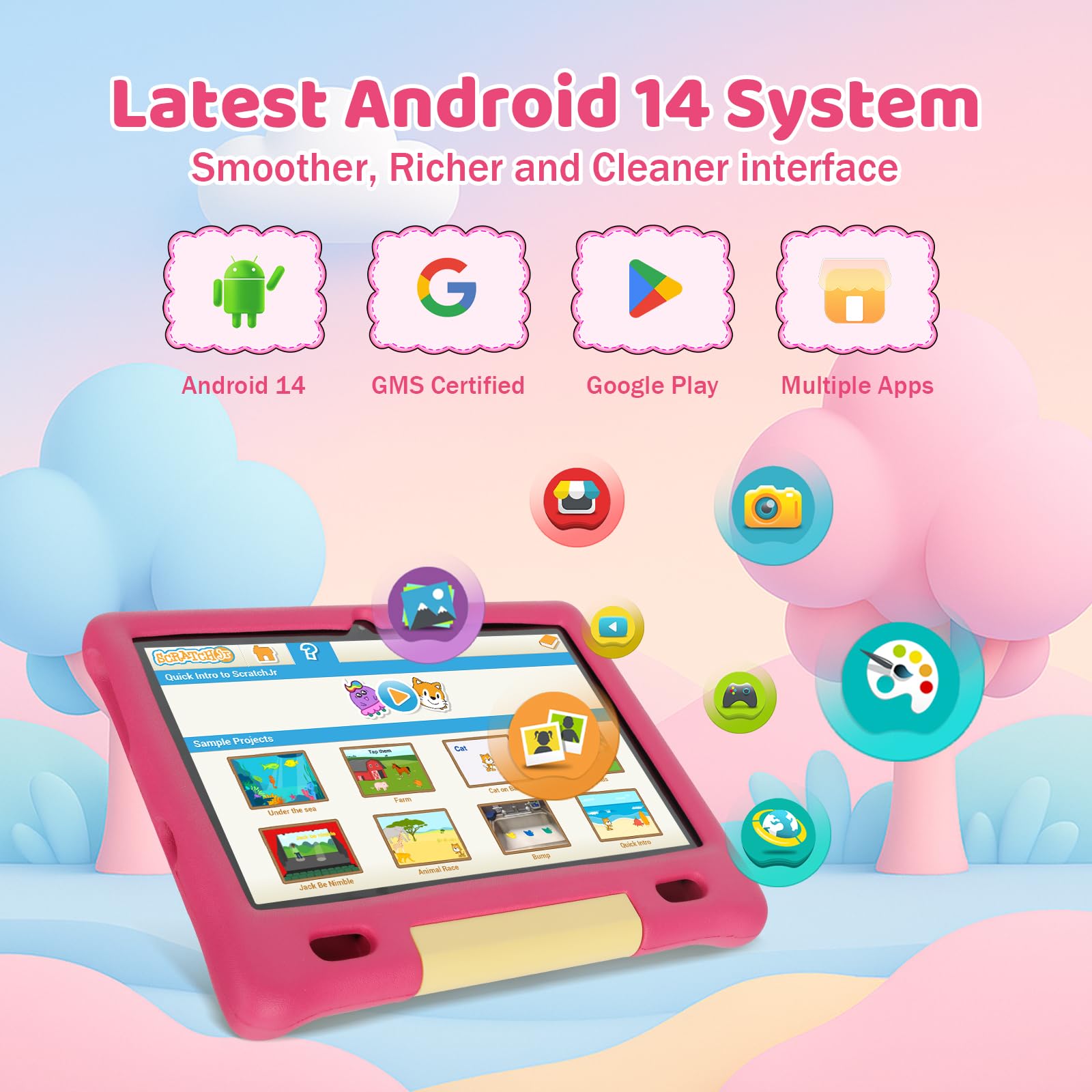 Gleeso Tablet Bambini | Android Tablet per Bambini 10 Pollici, Kids Tablet con Octa-Core | 128GB+1TB TF | Controllo Parentale | 8MP Fotocamera | WiFi 6/BT 5.3, Tablet con Custodia Protettiva - Rosa - 3