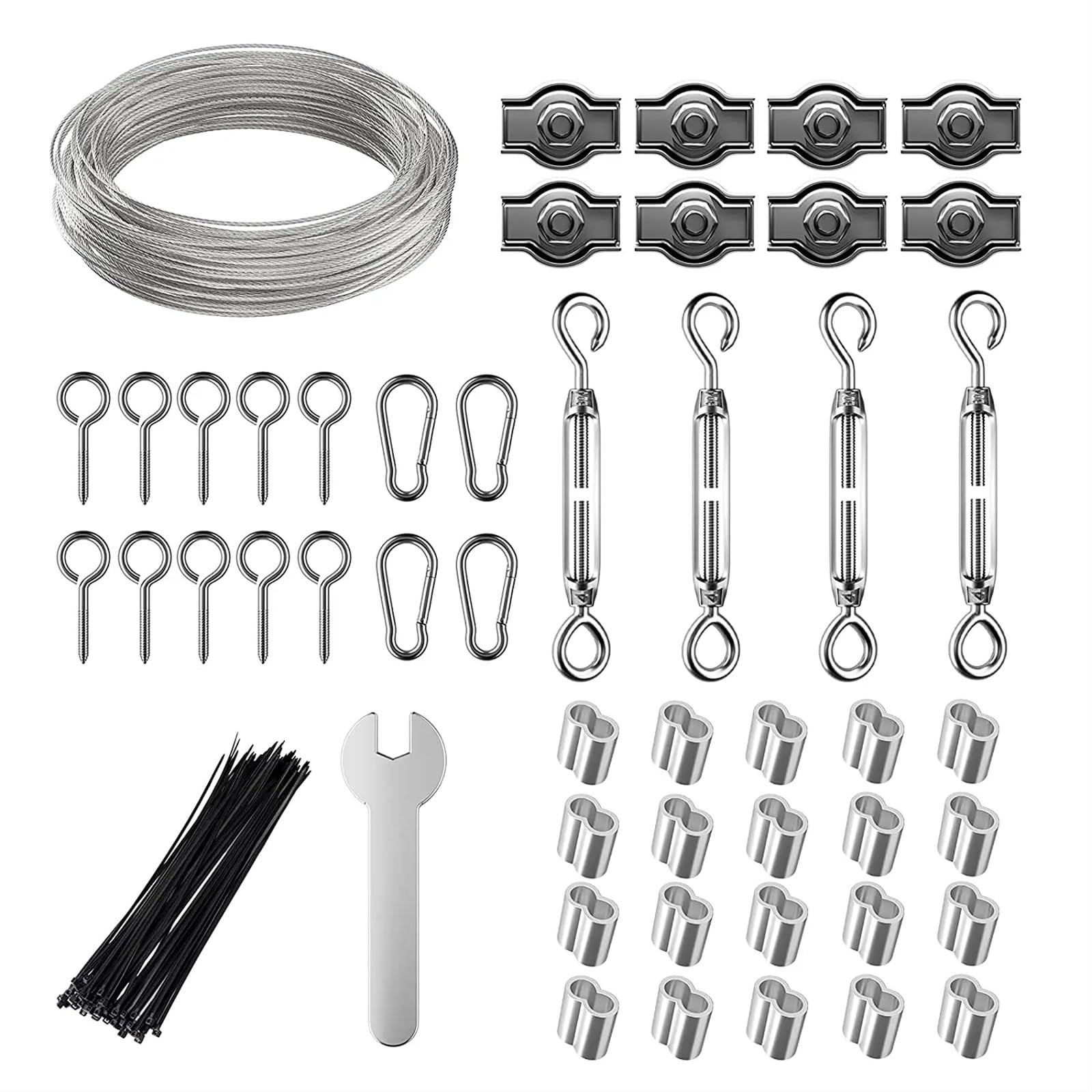 Tenditore Cavo Acciaio Corda in acciaio inossidabile 45M 304 Kit da 2 mm Fune metallica rivestita in PVC da giardino Tenditore M4 Gancio e anelli di crimpatura in alluminio