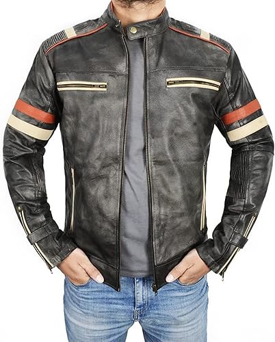 NM-Fashions Cafe Racer Retro Biker Vintage - Chaqueta de cuero negro envejecido para hombre