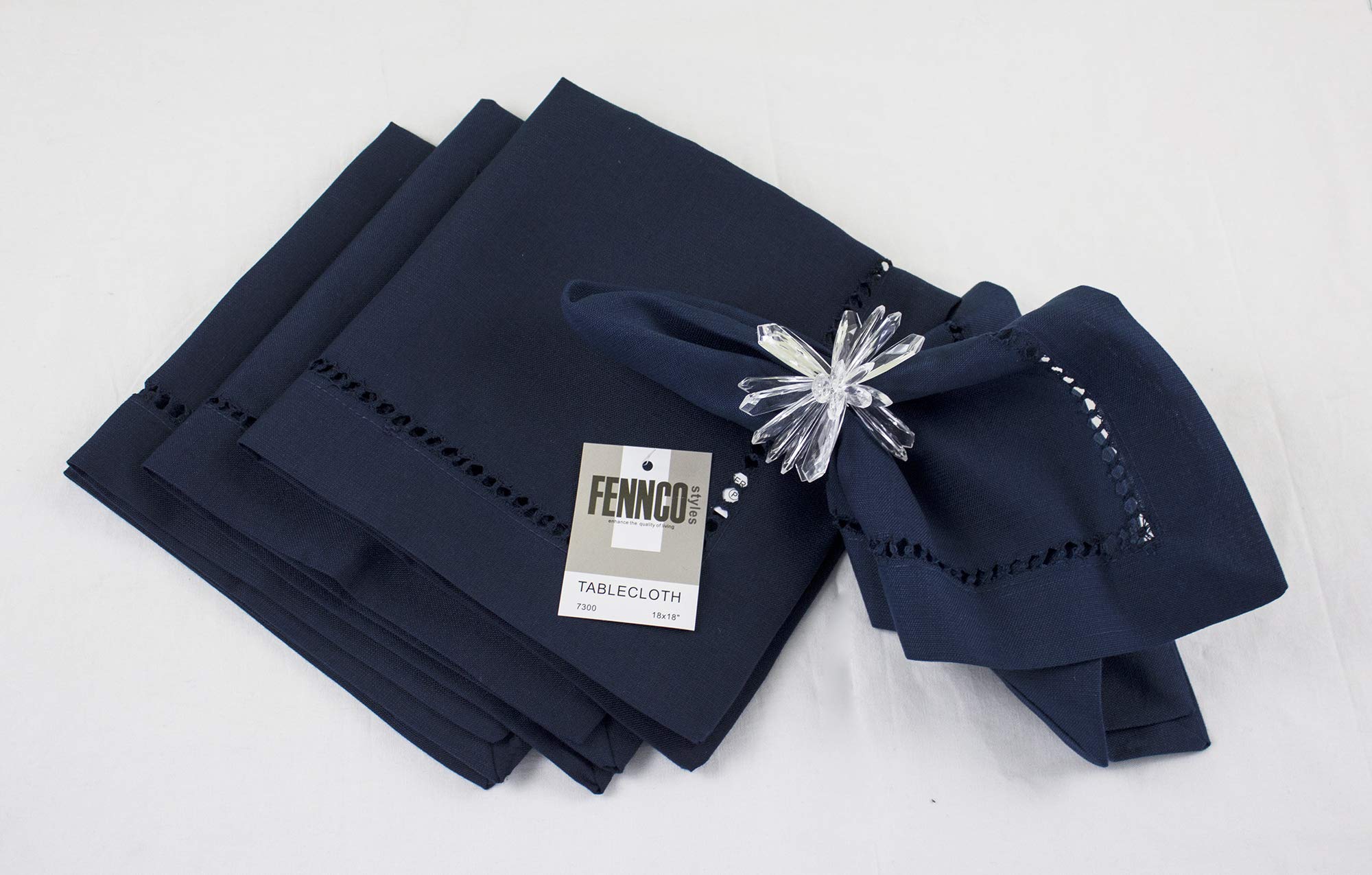 Fennco Styles Classic Solid Color Hemstitched Border 18 x 18 Inch Napkins for Dining Table, Dinner Parties, Wedding, Machine Washable, Navy Blue, Set of 4