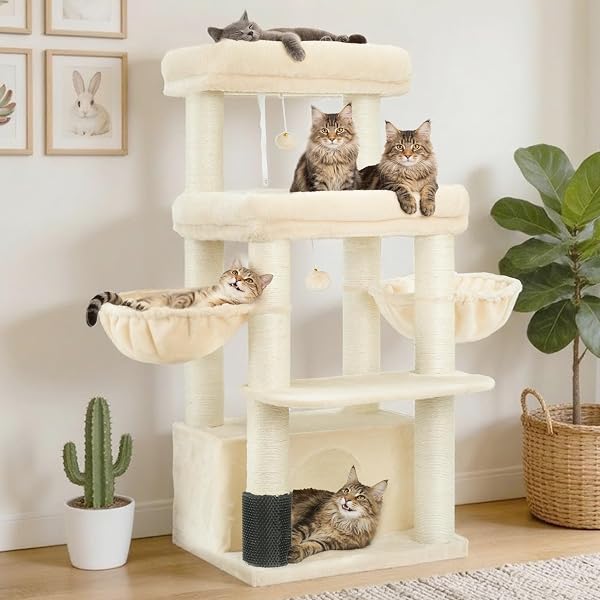 Hey-brother Arbre à Chat, Tour de Jeu pour Chats pour Grands Chats et Maine Coon, avec piliers en sisal 8 cm, 2 Plateformes, 2 paniers, Grande Niche et Accessoire de Brosse à Chat, Beige MPJ02M - 1