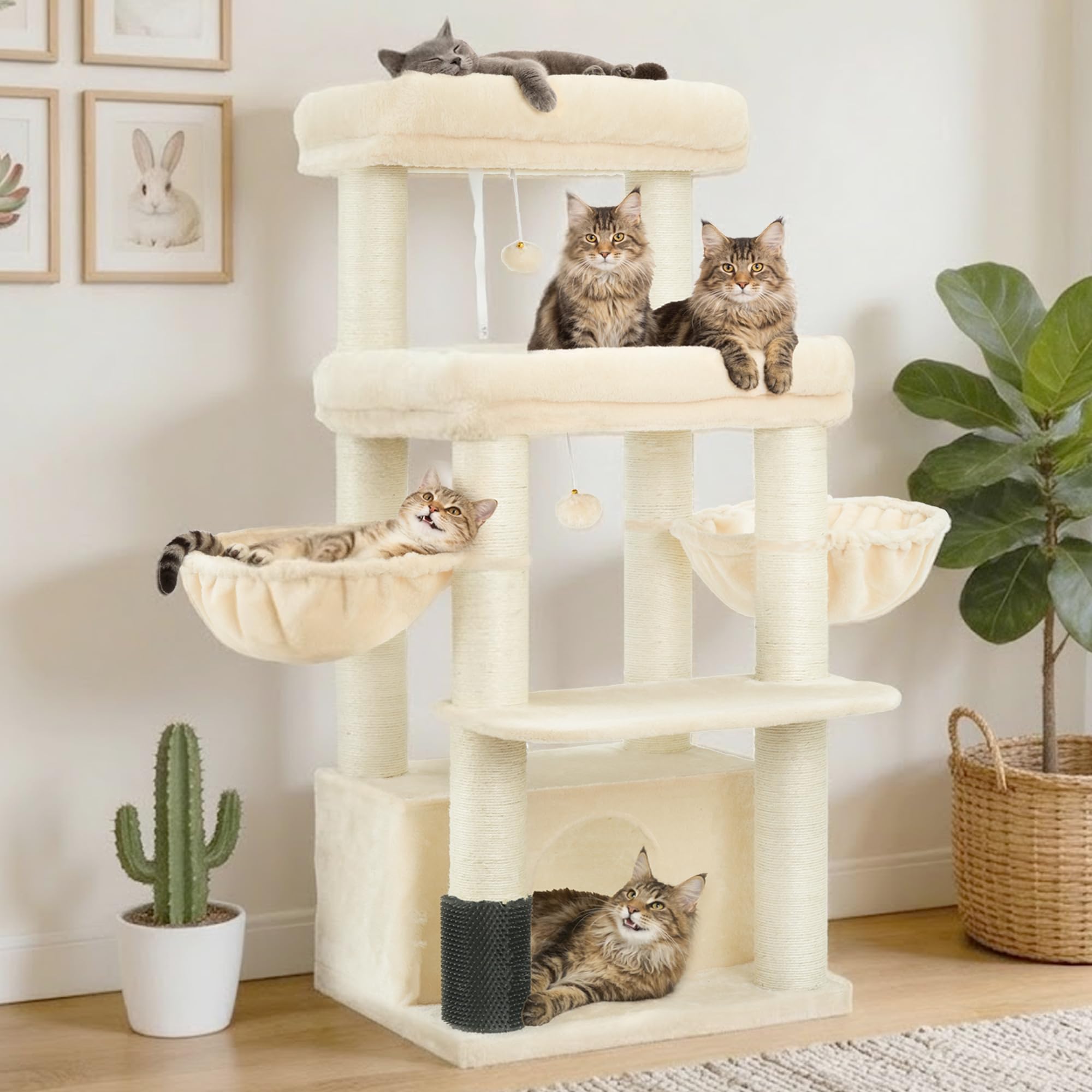 Hey-brother Tiragraffi per Gatti, Colonna sisal 8cm spessa, Cuccia, MPJ02M | 130cm Albero per Gatti, 2 Piattaforme, 2 Ceste, Spazzola per animali, Ideale per gatti taglia grande da interno, Beige