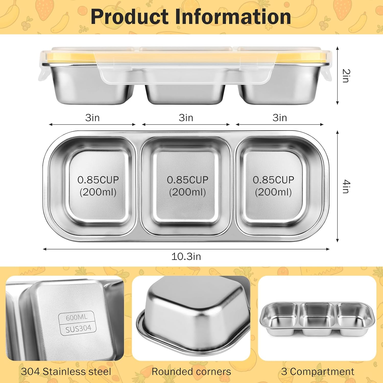 3 Pack Stainless Steel Snack Containers with Lids, Reusable Metal Food Storage Containers, 3 Compartment Leakproof Snack Box, Portable Bento Lunch Snack Boxes for Home, Travel, Outdoor and Camping