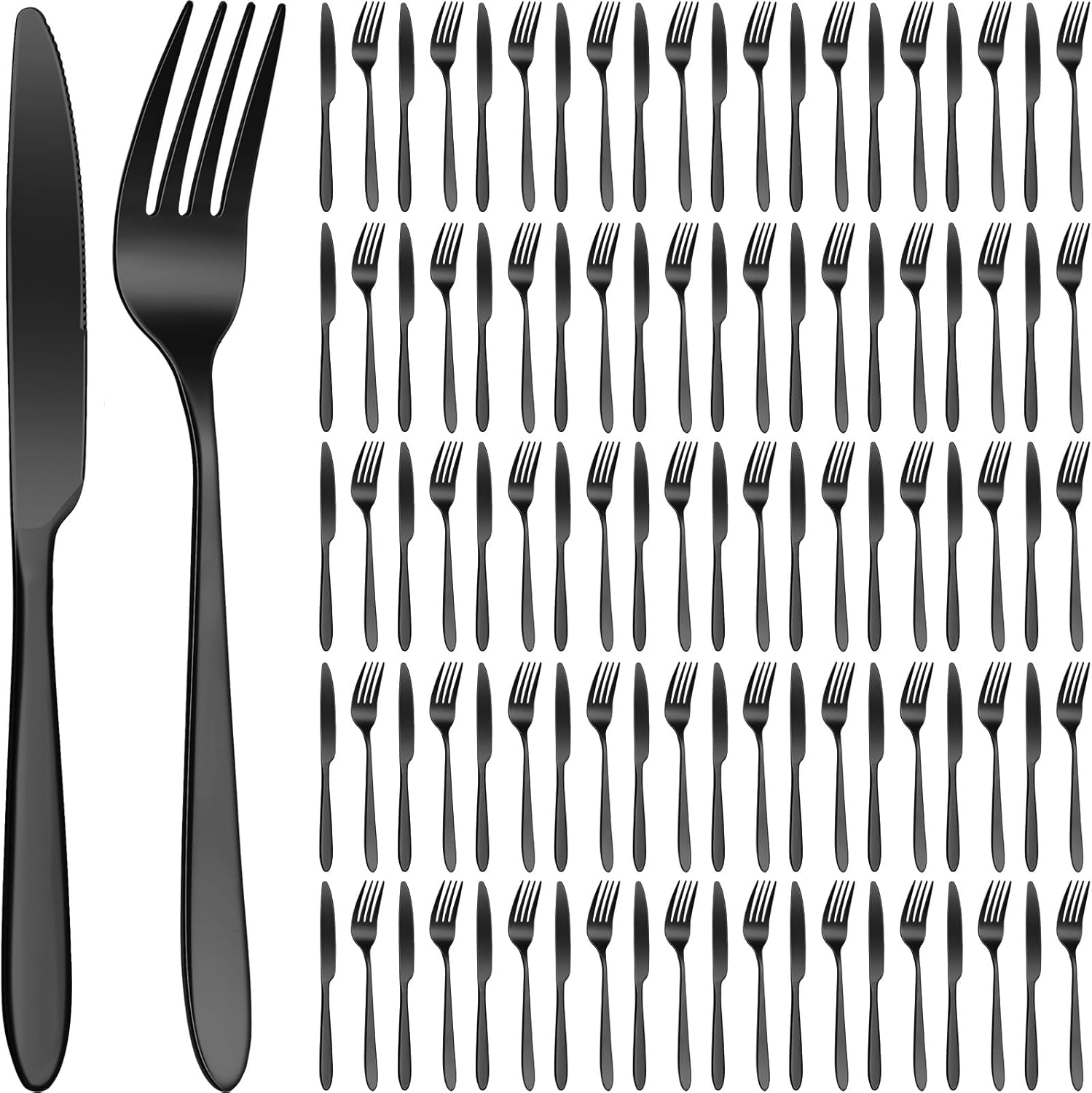 Nuenen 100 Pieces Stainless Steel forks and knives Dinner Flatware Set Tableware Cutlery for Butter Kitchen Restaurant, Dishwasher Safe(Black,8.4 Inches, 7.1 Inches)