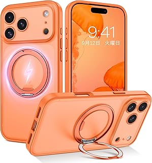GUAGUA iPhone 17 Pro ケース Magsafe対応 ワイヤレス充電 回転スタンド マット感 いPhone 17プロ 肌触り 滑り止め 人気 軽量 マグセーフ耐衝撃 おしゃれ 黄ばみなし あいふおん17Pro 米軍規格 金属キックスタンド スマホケース 17Pro 用カバー（オレンジ）