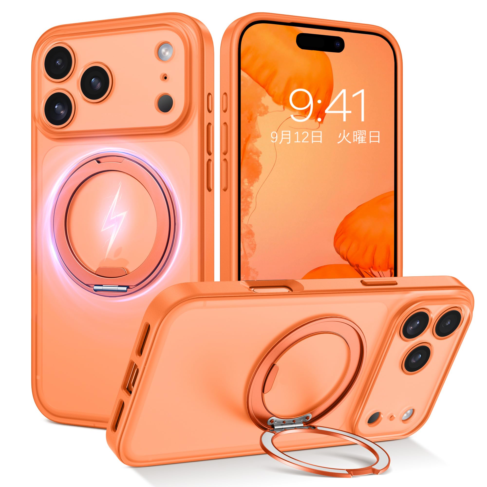 GUAGUA iPhone 17 Pro ケース Magsafe対応 ワイヤレス充電 回転スタンド マット感 いPhone 17プロ 肌触り 滑り止め 人気 軽量 マグセーフ耐衝撃 おしゃれ 黄ばみなし あいふおん17Pro 米軍規格 金属キックスタンド スマホケース 17Pro 用カバー（オレンジ）