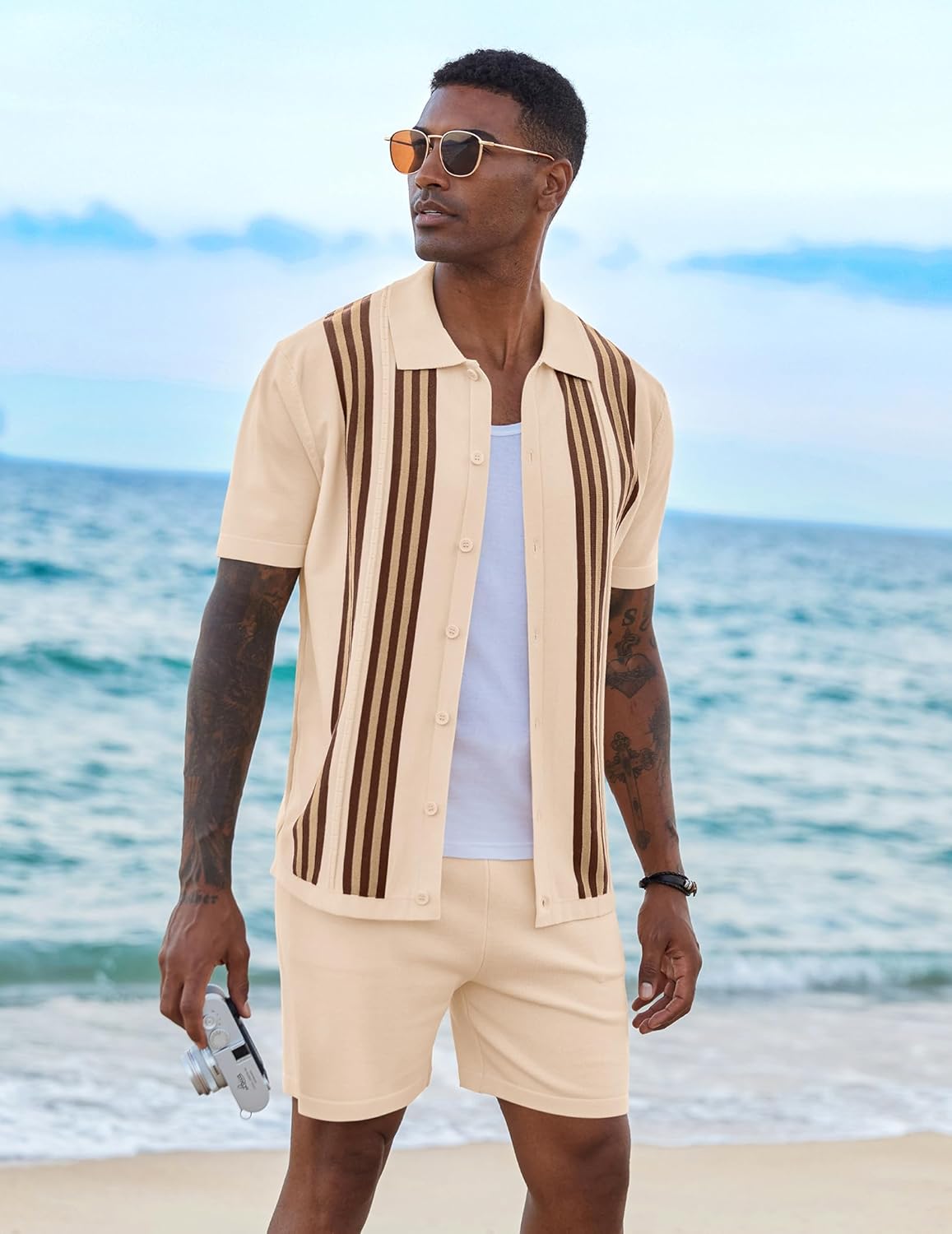 COOFANDY Men's 2 Piece Outfits Summer Short Sets Vintage Knit Button Down Shirt Short Sleeve Polo Casual Beach Suits - Image 5