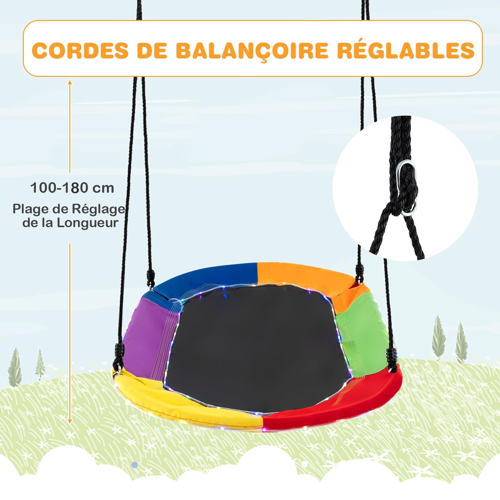 COSTWAY Balançoire Soucoupe Ovale Ø 150 cm avec Lumières LED, Balançoire Nid d'Oiseau en Tissu Oxford avec Cordes Réglables (100-180cm), Intérieur Extérieur, Charge 150kg pour Enfants et Adultes