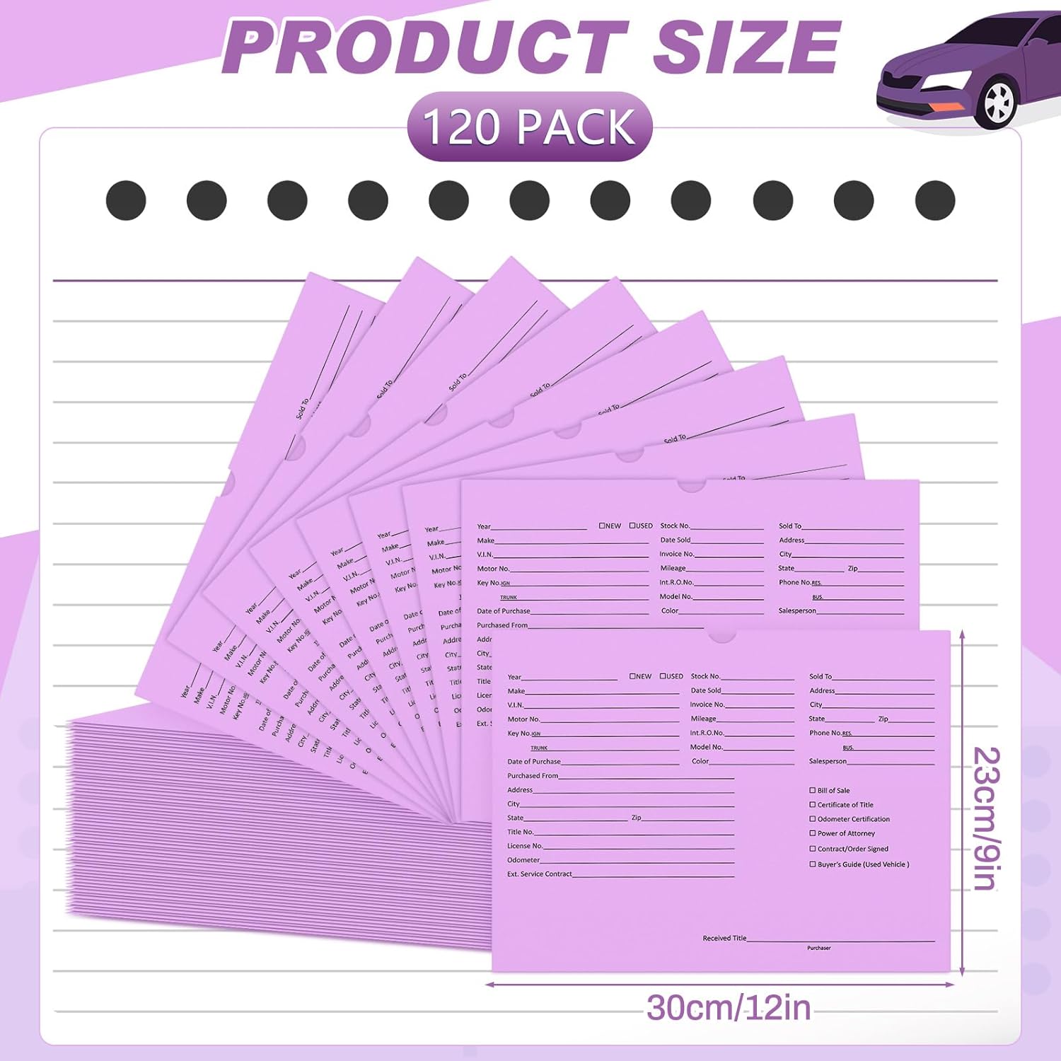 Watersay 120 Pcs 9 x 12 In Vehicle Dealer Jackets for Car Sales 32lb Colored Printed Deal Envelopes Dealership Supplies File Jackets Automotive Folders for Car Dealerships (Purple)