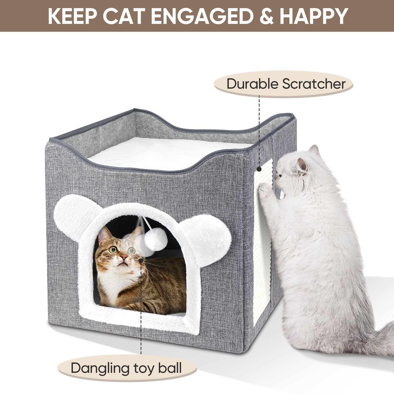 بيت قطط متعدد الوظائف من بيجثري، سرير للقطط الداخلية، عش قطط، كهف مكعب للقطط قابل للطي، بيت لعب كبير للحيوانات الاليفة مع كرة منفوشة، سرير قطط مغطى للقطط الصغيرة متعددة (رمادي)