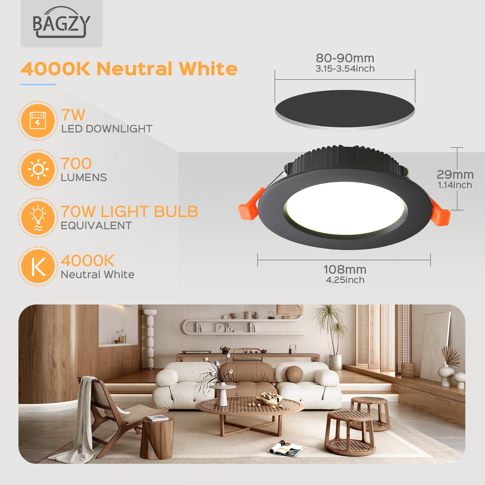 BAGZY 5x Faretti LED da Incasso, 7W Equivalenti a 70W,700LM,AC 220-240V,Bianco Naturale 4000K,Ritaglio Ø 80-90mm,IP44,Faretto da Soffitto Ultra Piatto per Camera da Letto Bagno Cucina(Nero)