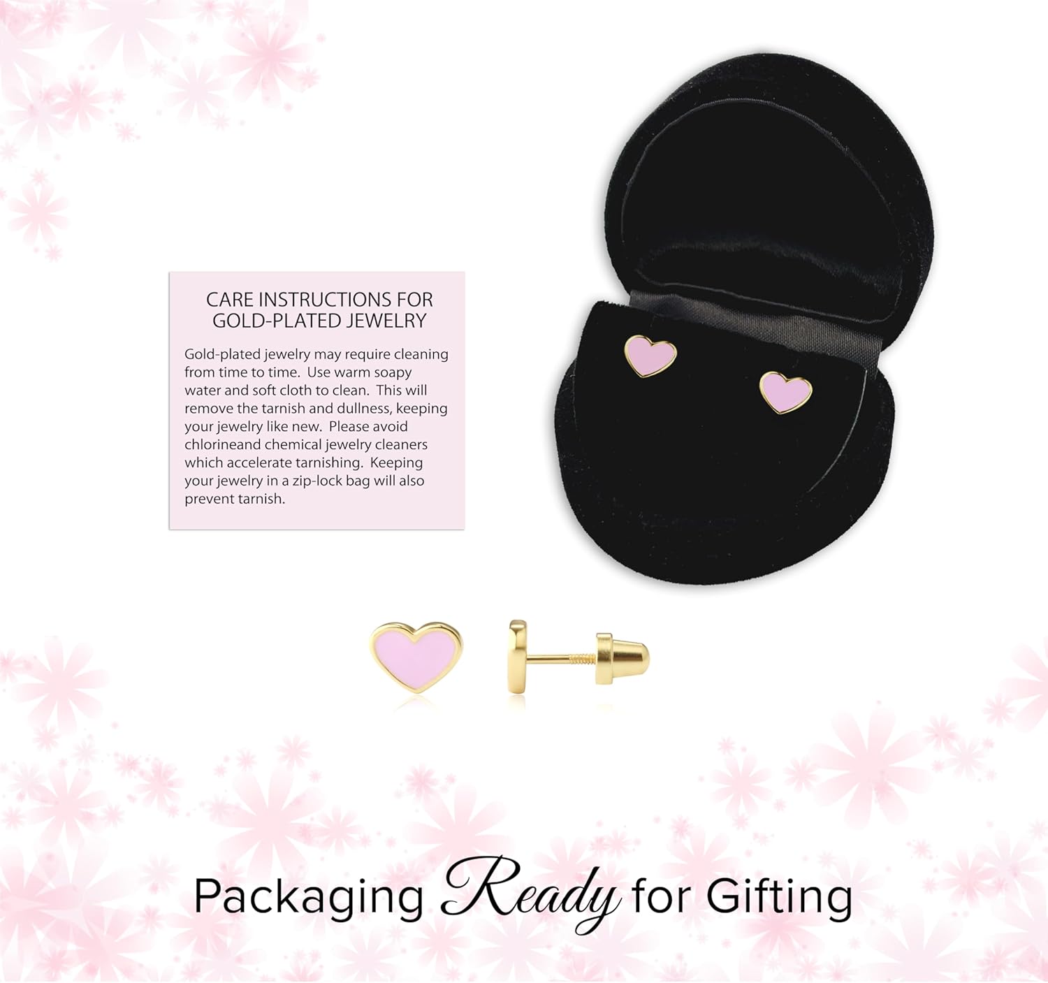 Cherished Moments Children's 14K Gold Plated or .925 Sterling Silver Pink Heart Screw Back Earrings for Babies, Little Girls, Kids and Toddlers