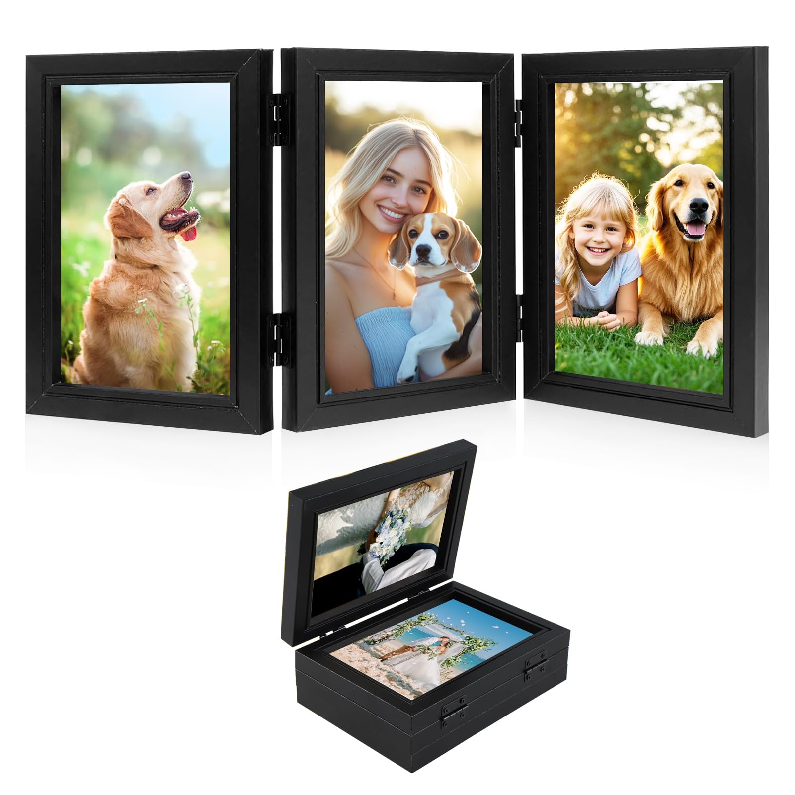 Trifold Photo Frame, 6x4 inches Picture Frame Collage for 3 Photos, Hinged Triple Foldable Frames with Acrylic Plate 180° Foldable Hinged Picture Frame for Wedding Family Tabletop Desk Display(Black)