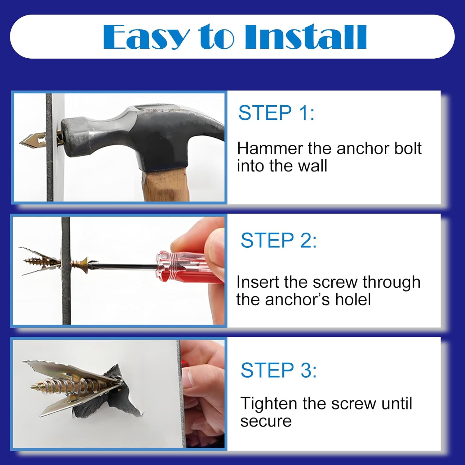 Tnisesm 100Pcs 3 Size Self Drywall Drilling Anchors with Screws Kit, Metal & Heavy Duty Grip Anchors for Wall Sheetrock, Expansion Anchor Assorted Sizes for Picture Frames, Shelves & Home Decor