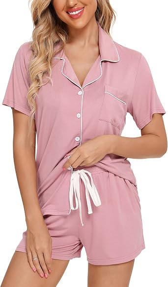Pjmlifecoco Womens Modal Pajama Set Short Sleeve Button Down Two Piece Soft Sleepwear with Shorts Loungewear S-XXL
