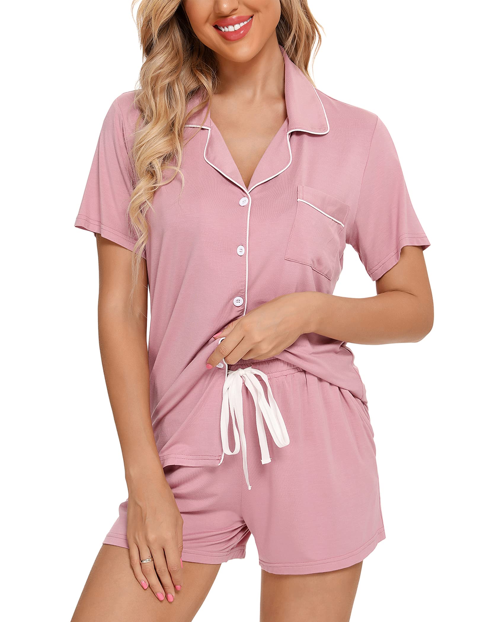 Pjmlifecoco Women's Modal Pajama Set Short Sleeve Button Down Two Piece Soft Sleepwear with Shorts Loungewear S-XXL