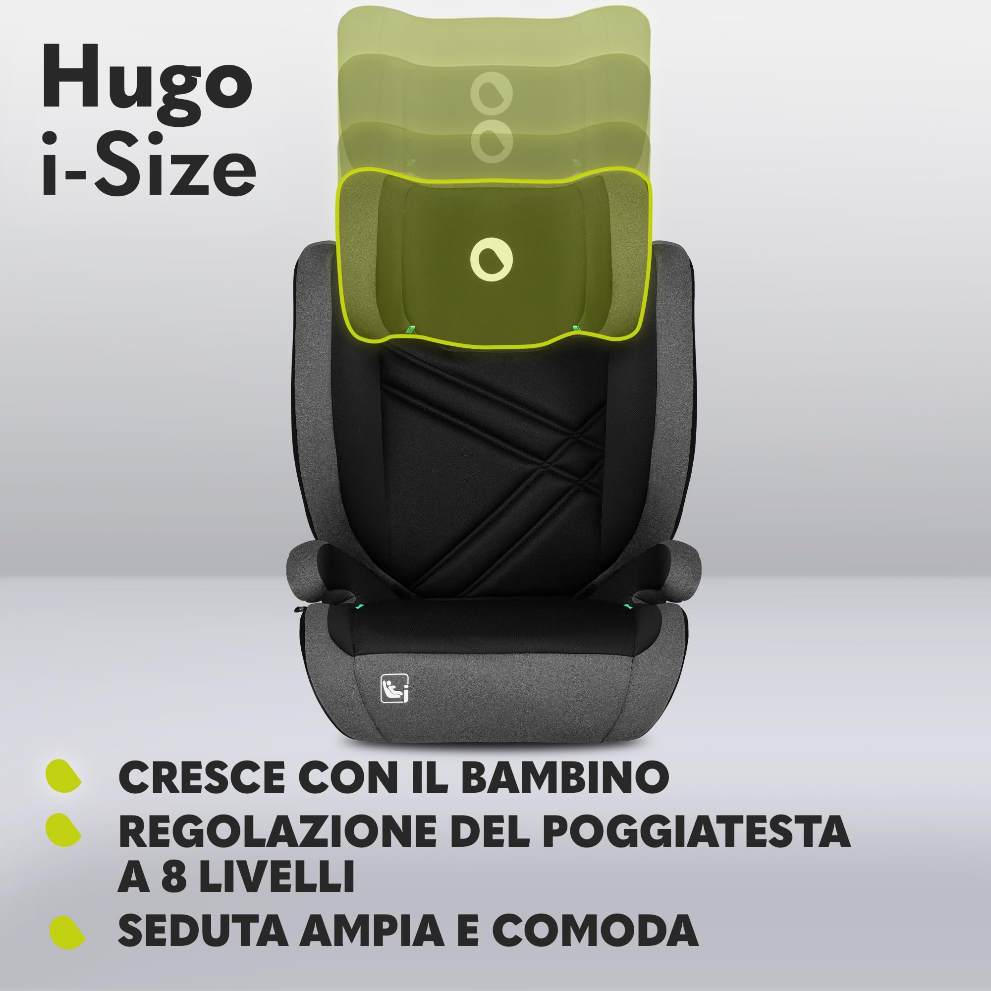 Lionelo Hugo I-size Seggiolino Auto ISOFIX con l'ultima Norma i-Size R129 per bambini Gruppo 2-3 (100-150cm) Poggiatesta a 8 Livelli,Memory Foam,Poggiabraccia,Protezione