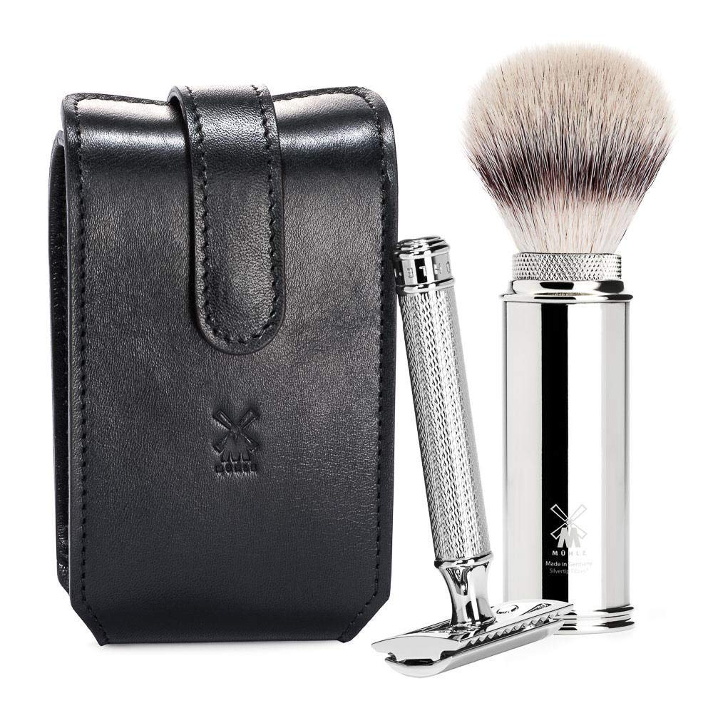 MÜHLE TRAVEL Black Leather Case Silvertip Fiber Safety Razor Travel Set