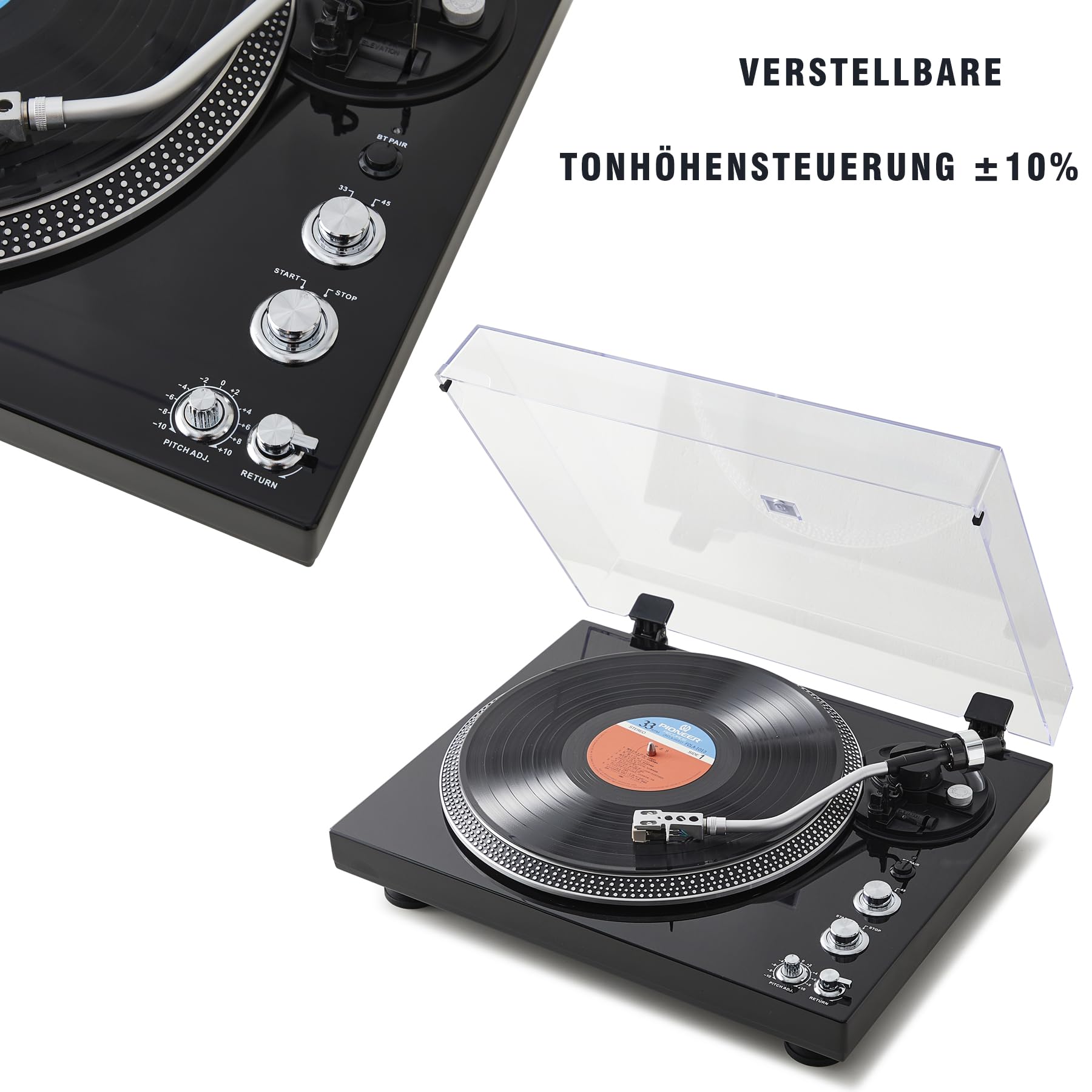Hi-Fi Riemenantrieb Plattenspieler mit Premium-Tonabnehmer, Pitch-Control ±10%, Auto-Return Tonarm, 33/45 RPM Vinyl Player, Hochglanz Schwarz