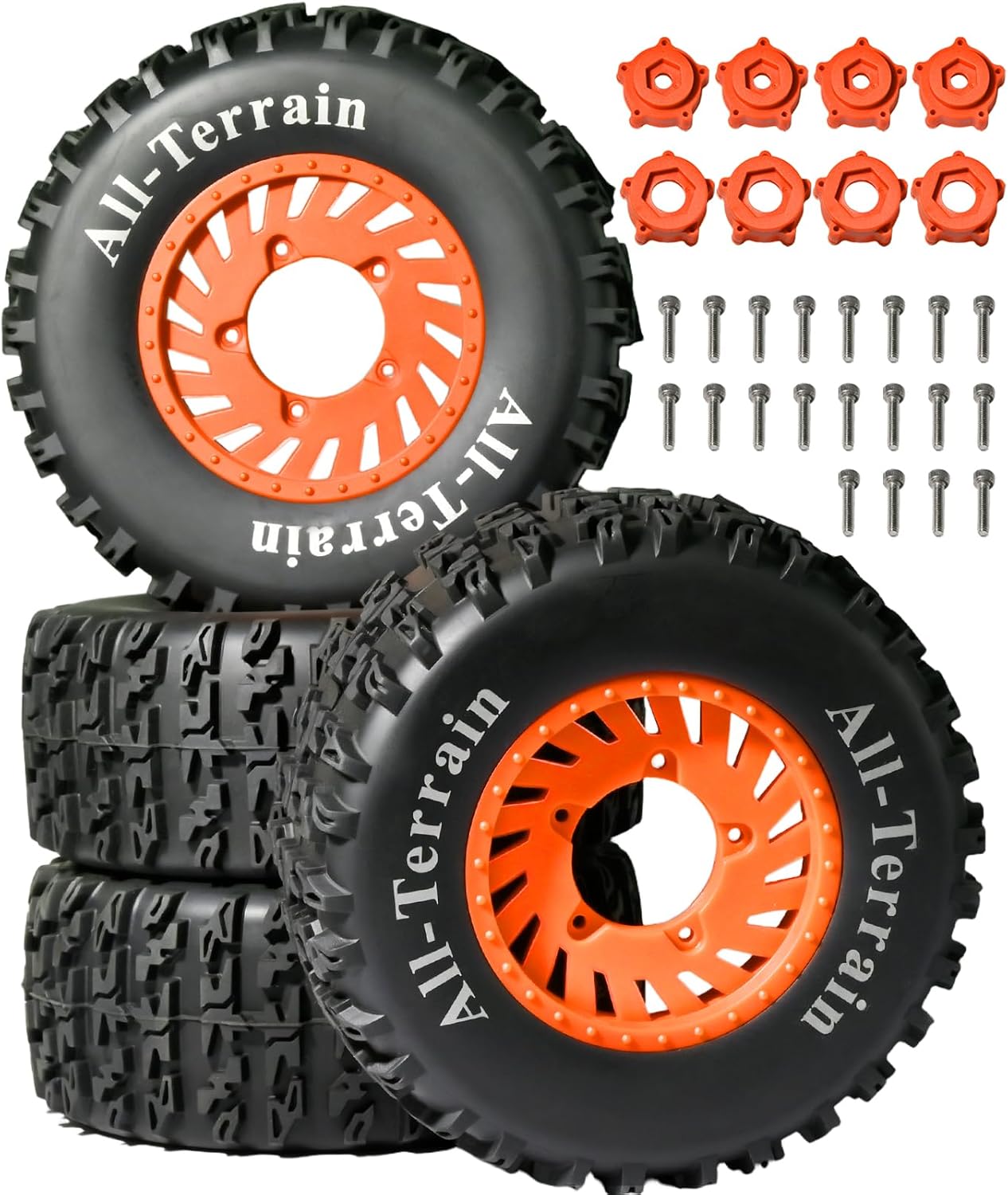 4PCS 1/10 RC Short Course Truck Tires, All-Terrain Rubber Tires and Nylon Wheels with 12mm/17mm Hex Compatible with 1/10 Traxxas Slash 4WD 2WD Arrma Senton Axial Losi Redcat (Orange)