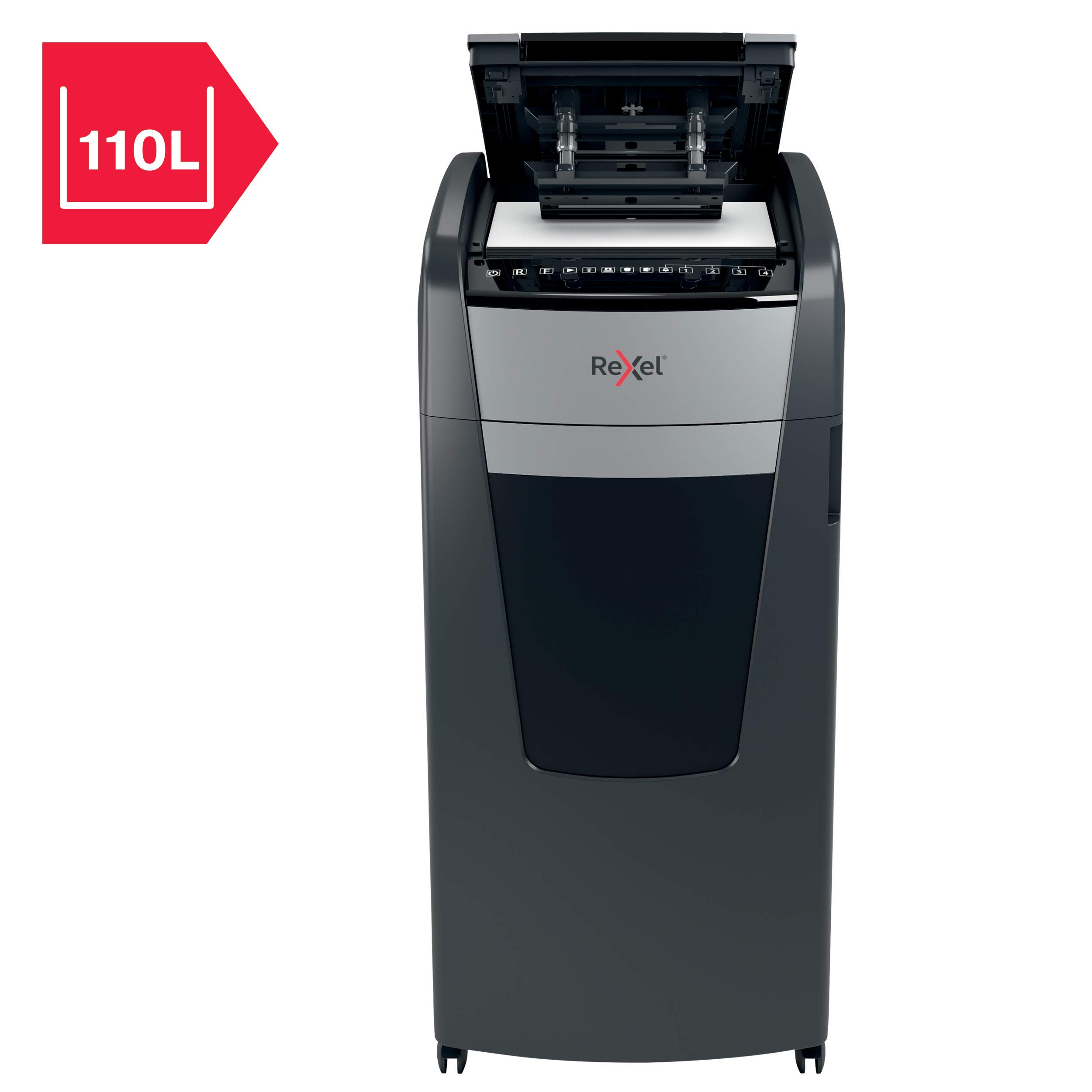 REXEL Optimum Auto Feed+ 600X, Distruggidocumenti Automatico, 600-660 Fogli (80-70 gr/mq), Taglio a Frammento, Livello di Sicurezza P-4, per i Grandi Uffici, Capacità 110 Litri, con Ruote, 2020600XEU