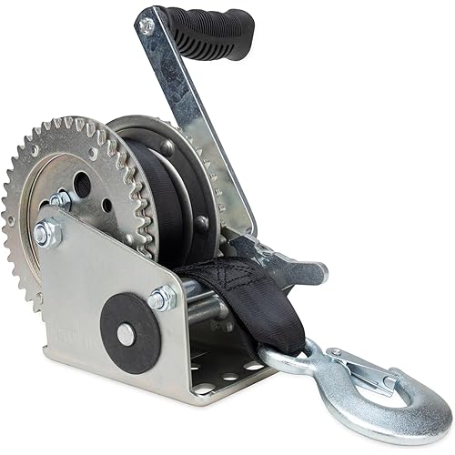 Camco 2000lb Boat Trailer Winch - Manual Hand Crank Boat Winch Features 20-Foot Strap & 2-Way Ratchet - 2,000lb Weight Capacity - Boat Trailer Accessories (50000)