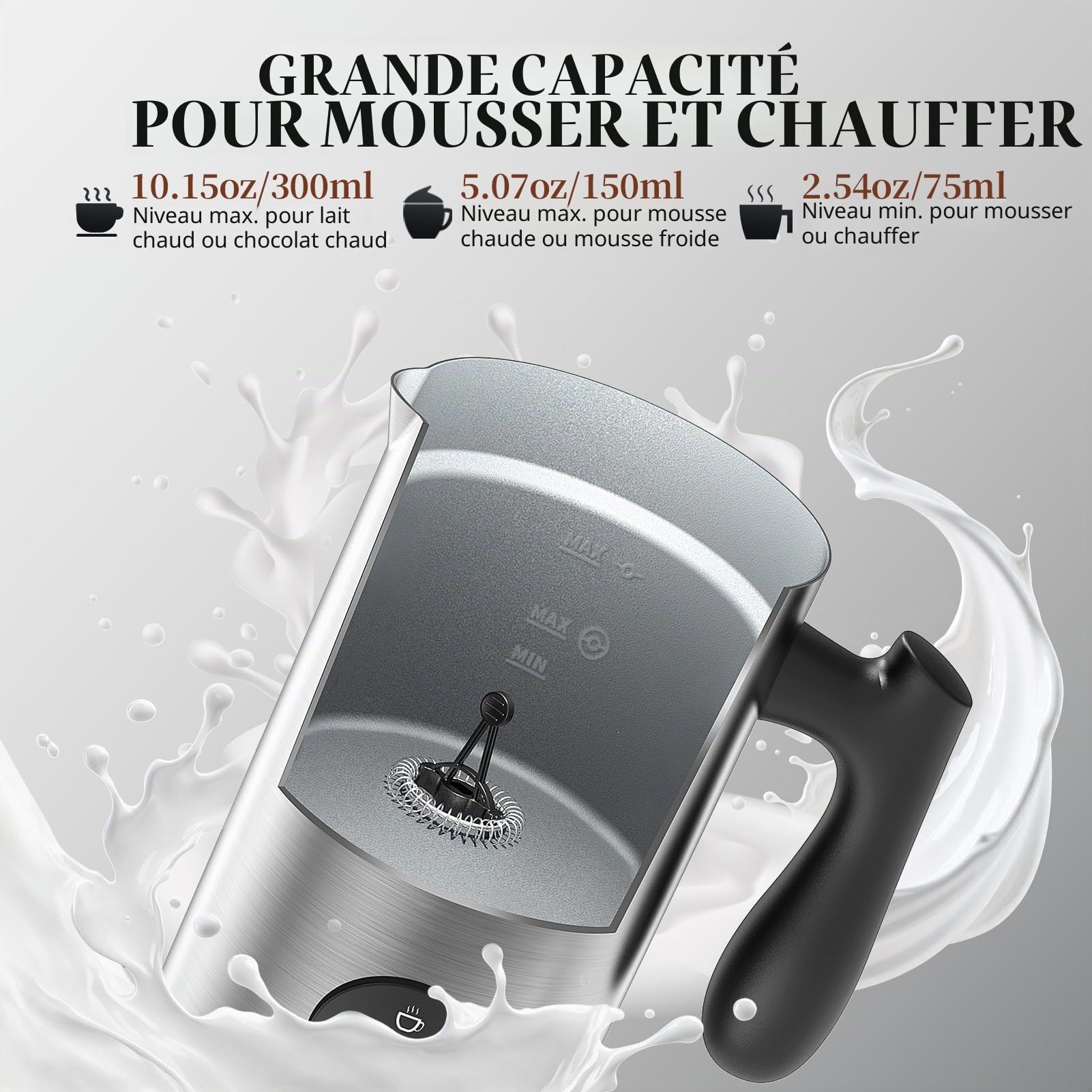 Morpilot Mousseur à Lait Électrique 4 en 1 Mousse Chaude & Froide, 300ml Chauffe-Lait en Acier Inox avec Revêtement Antiadhésif pour Latte Cappuccino Macchiato Chocolat