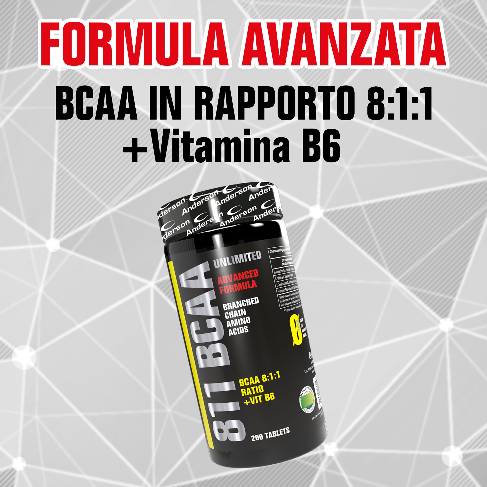 Anderson 811 BCAA UNLIMITED È un integratore di aminoacidi ramificati in rapporto 8:1:1 combinati con Vitamina B6 | 200 cpr | Made in Italy