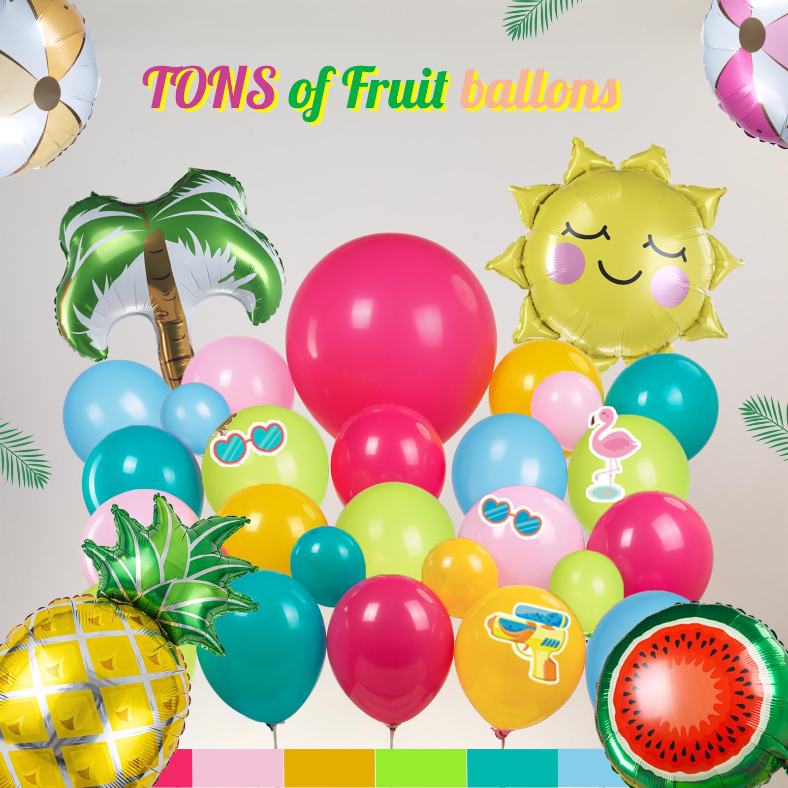 Strand-Pool-Party-Dekorationen enthalten buntes Ballon-Girlanden-Set, Ananas, Kokosnussbaum, Sonne, Wassermelone, Obst, Strandball, Folienballon für tropische Sommercamp-Dekorationen, Partyzubehör