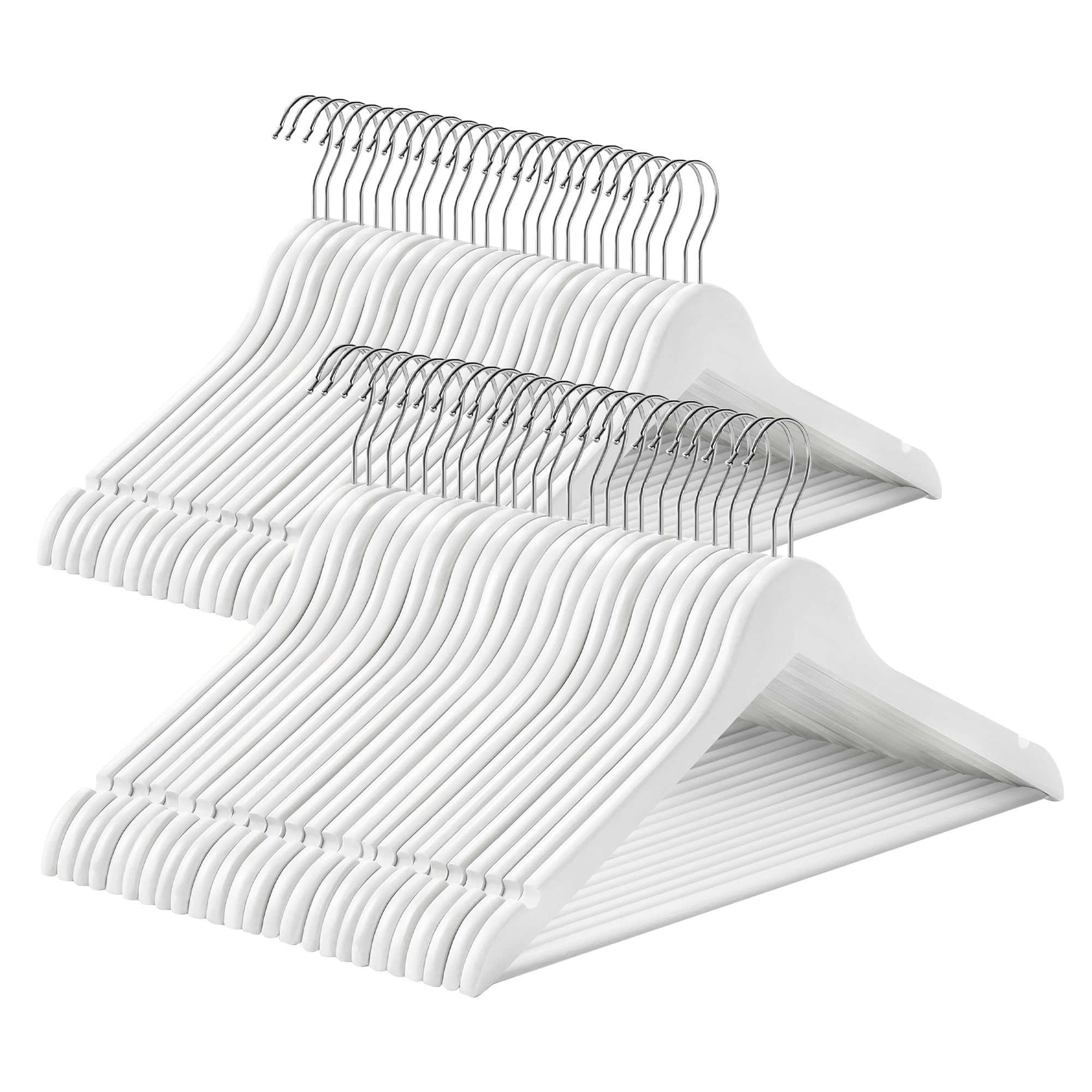 SONGMICS Wooden Hangers, Set of 50, Coat Hangers, Clothes Hangers, with Shoulder Notches, Anti-Slip Trousers Bar, 360° Swivel Hook, for Suits, Shirts, Coats, White and Silver CRW03W-50 — image 1