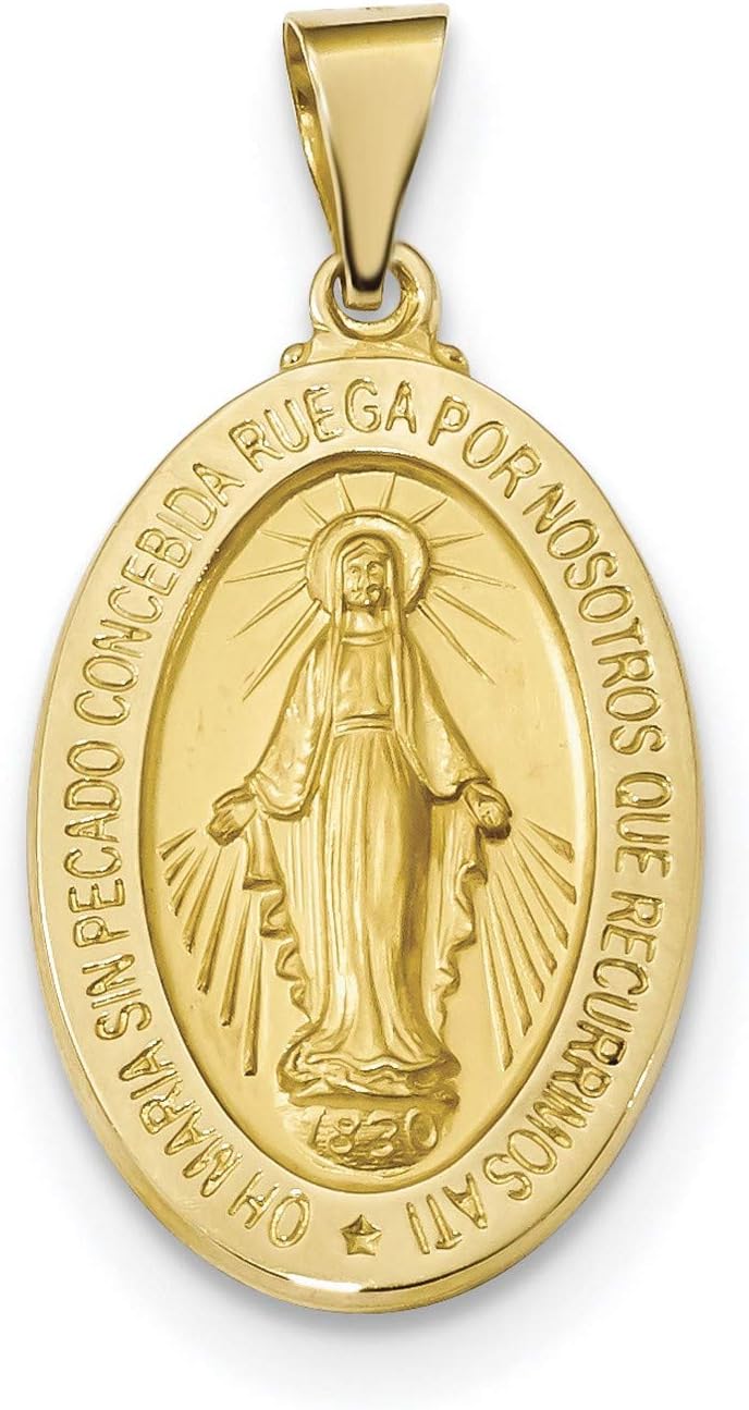 14k Gold Virgin Mary Miraculous Medal Pendant - Oval Mother Mary Necklace Charm with Sacred Words - Handcrafted Religious Jewelry Made in USA - Traditional Catholic Design