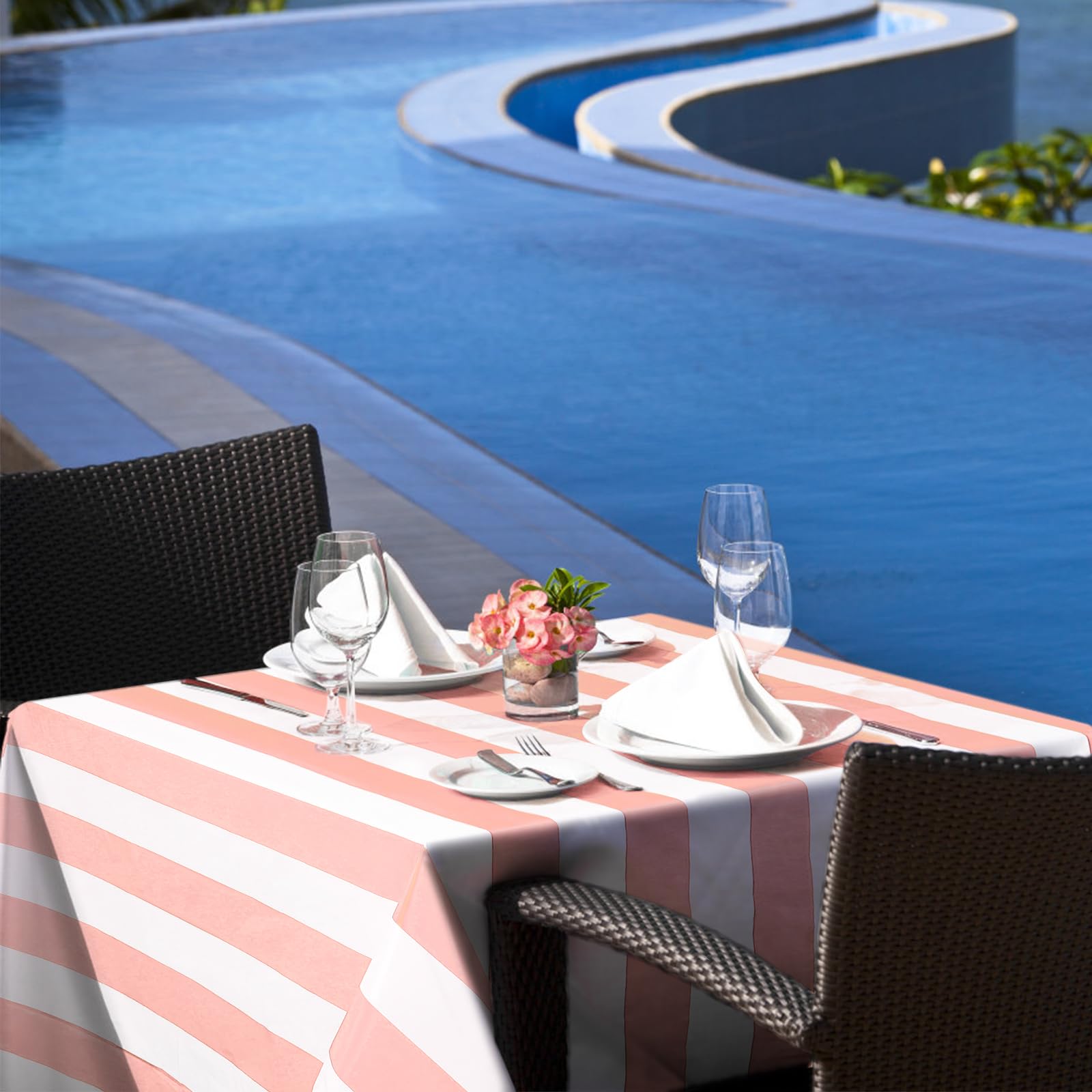 2Pcs Black And White Striped Tablecloth - Plastic Waterproof Table Cover 54x108 Inches, Geometric Party Decor