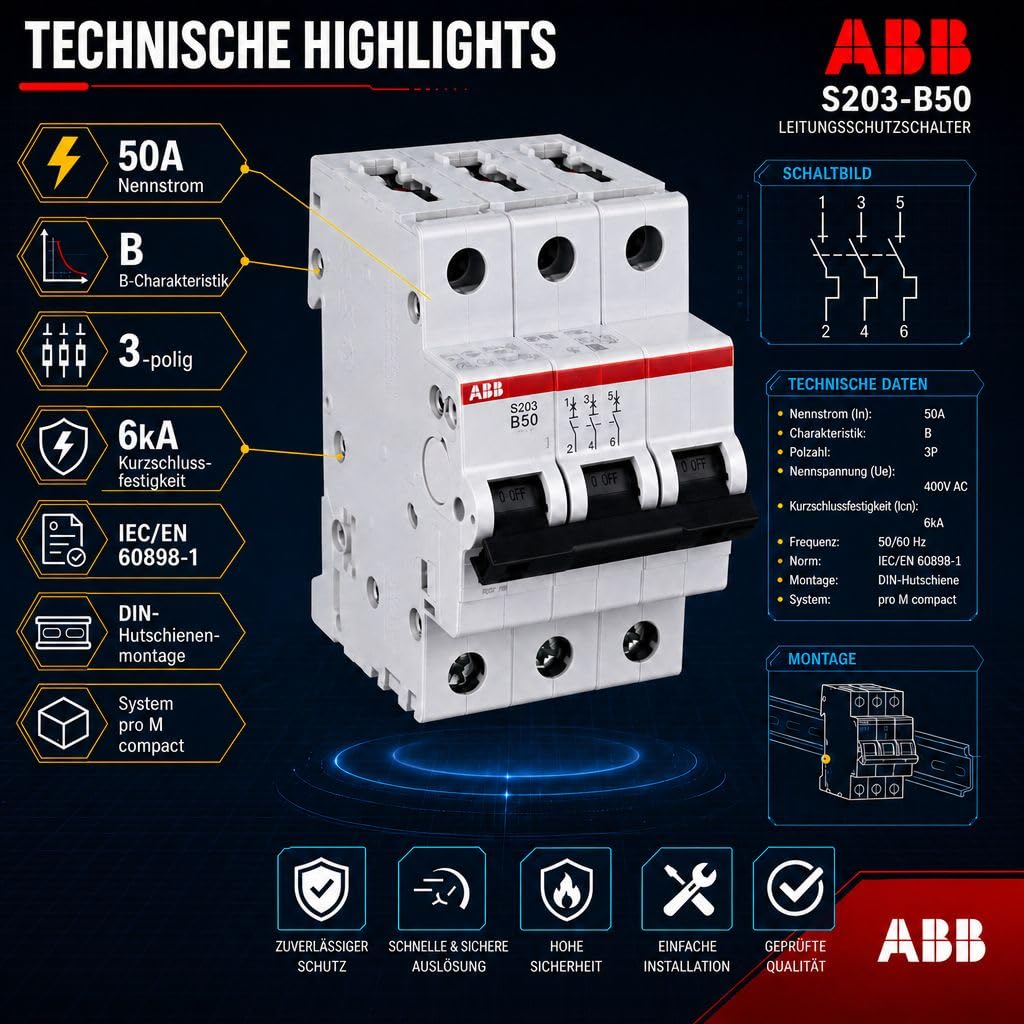 ABB S203-B50 Leitungsschutzschalter 3-polig 50A B-Charakteristik, Sicherungsautomat 6kA, LS-Schalter für Drehstrom, Automaten Sicherung für Hutschiene, System pro M compact