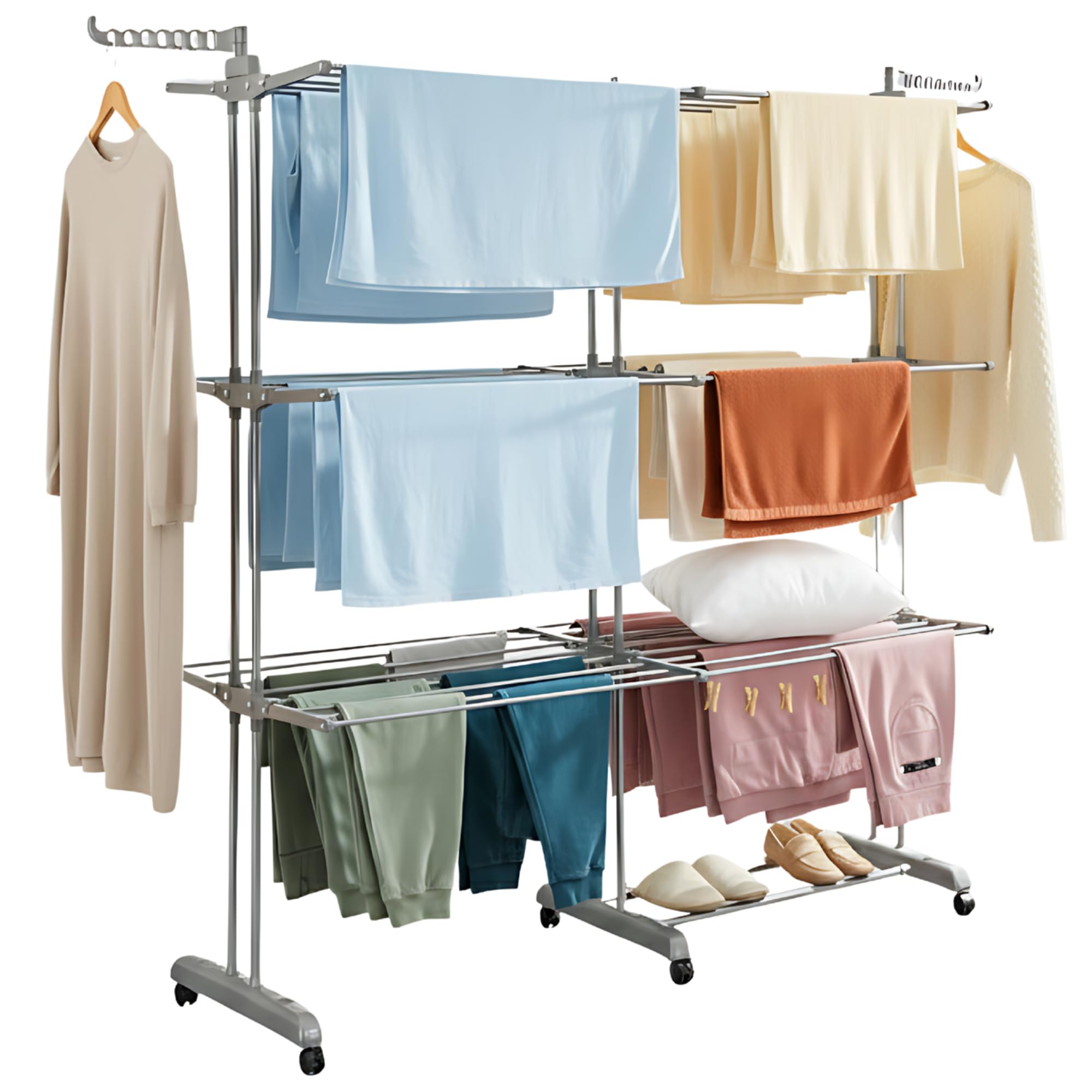 MELTA. Étendoir à Linge 4 Niveaux Extensible avec roulettes – Séchoir Pliable Grande Capacité 35 kg – Mobile, Verrouillable, pour Intérieur & Extérieur – Acier Renforcé – Gris