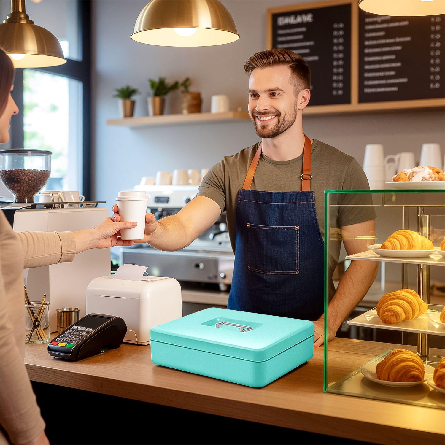 Flexzion Caja de dinero con llave, caja de dinero para negocios en efectivo, cajero y dinero en efectivo, caja de metal azul con llave de bloqueo, bandeja de billetes con resorte y ranuras para