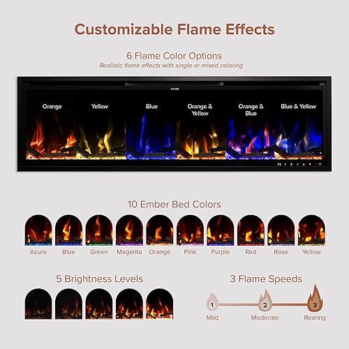 Miniatura 8 de Modern Ember Aerus - Chimenea eléctrica lineal inteligente de 60 pulgadas, empotrada en pared y pared, varios colores de llama, compatible con Alexa