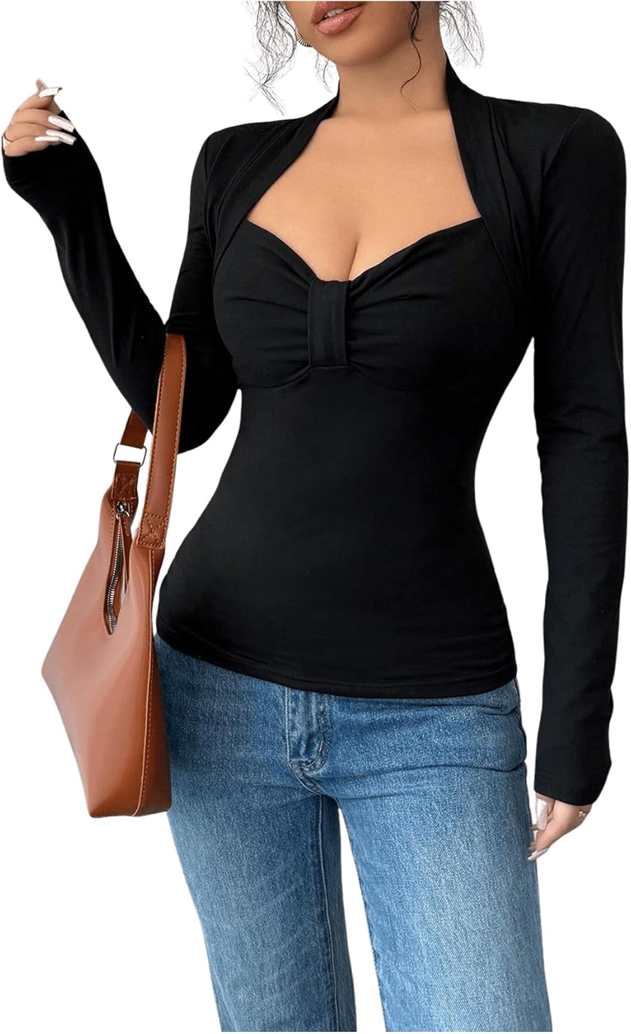 SweatyRocks Women's Stretchy Long Sleeve Basic Tops Slim Fit Ruched Sweetheart Neck T Shirt - Image 3