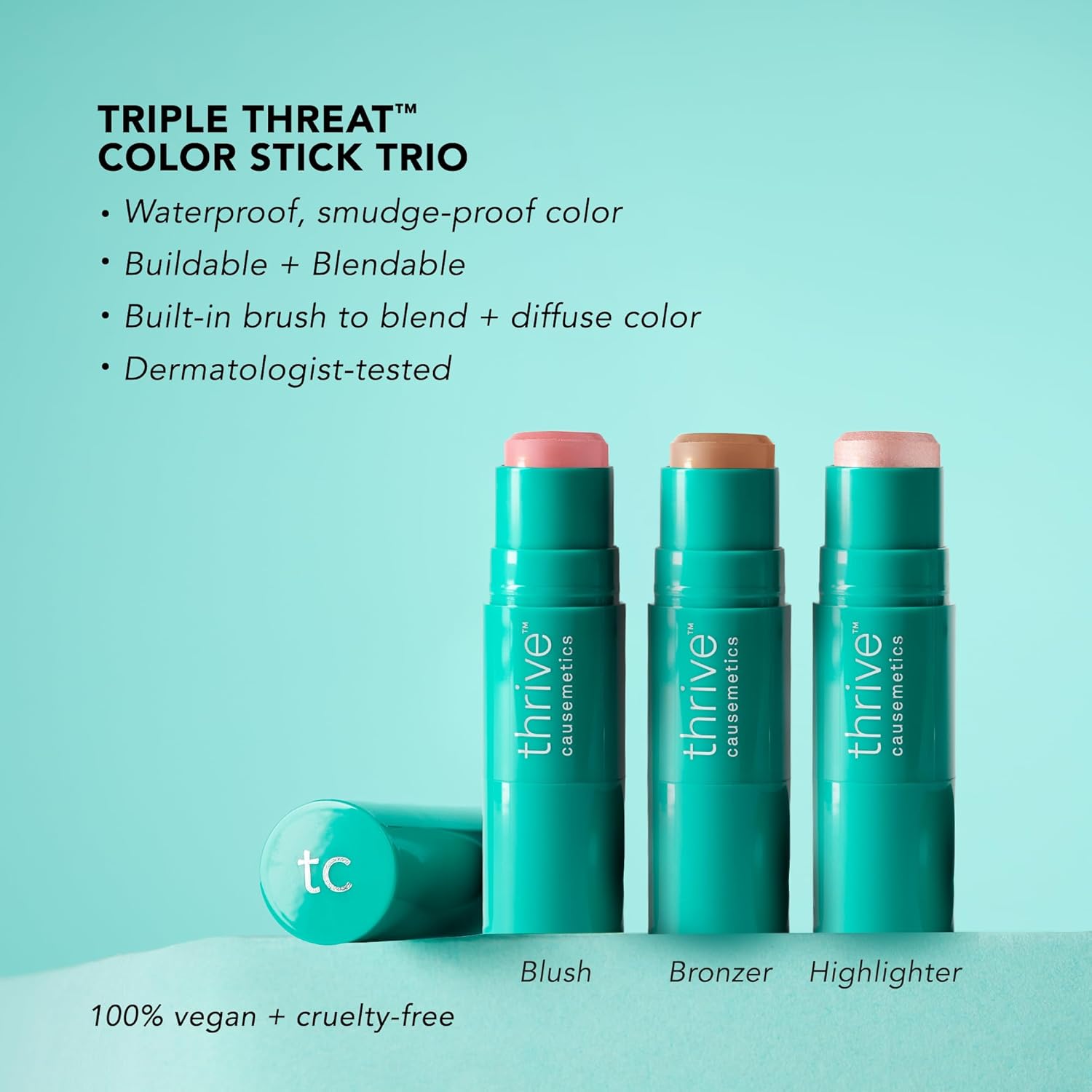 Thrive Causemetics Triple Threat Color Stick Makeup Gift Set for Women: Blush, Highlighter, Bronzer & Contour Stick, Waterproof Smudge Proof Face Makeup Formula, 3 Shades - Image 2
