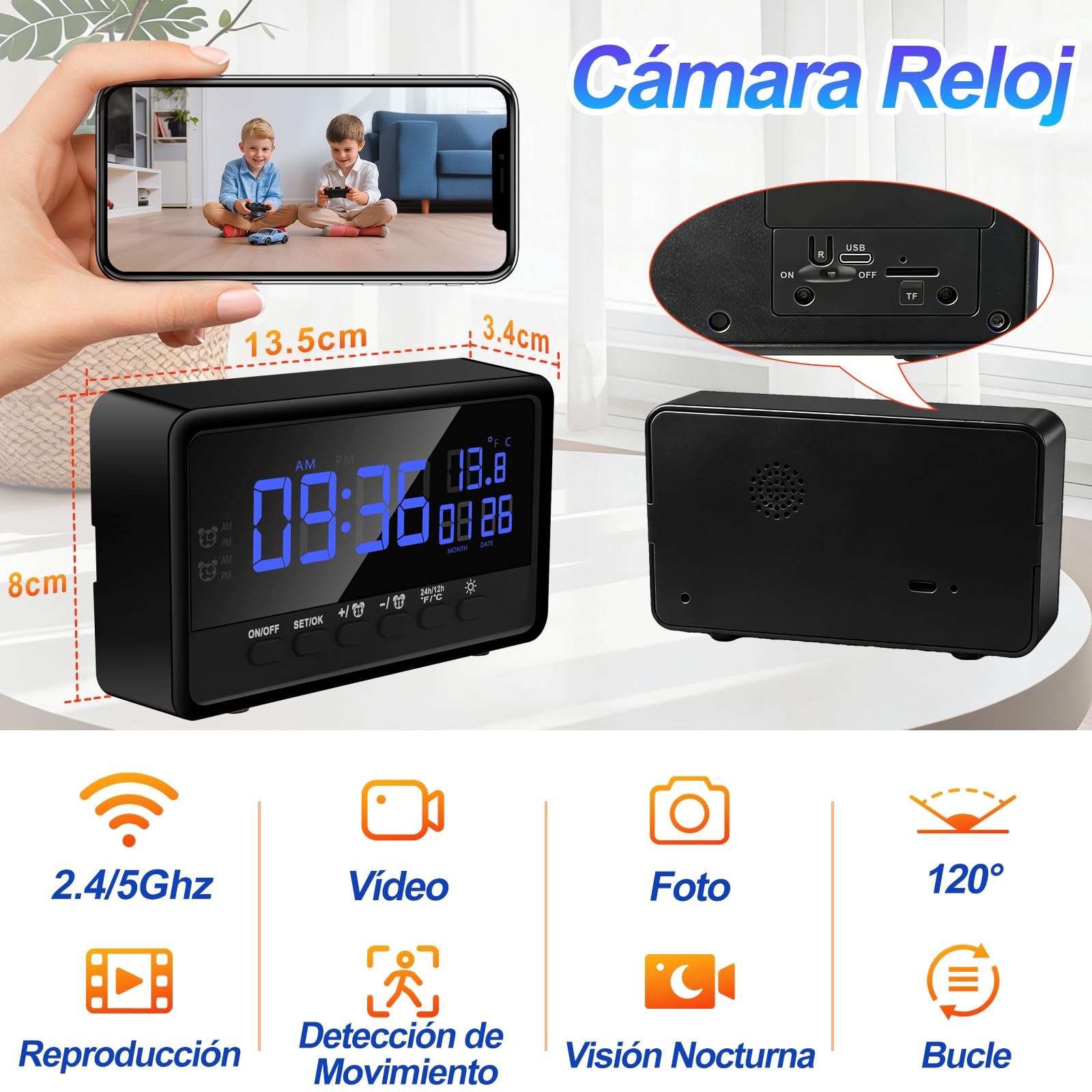 Camara Espia Oculta WiFi Interior, 1080P, Visión Nocturna | Doble banda 2.4/5GHz, gran angular 120°, detección movimiento, despertador 2 en 1, brillo 5 niveles, microSD 128GB, invisible