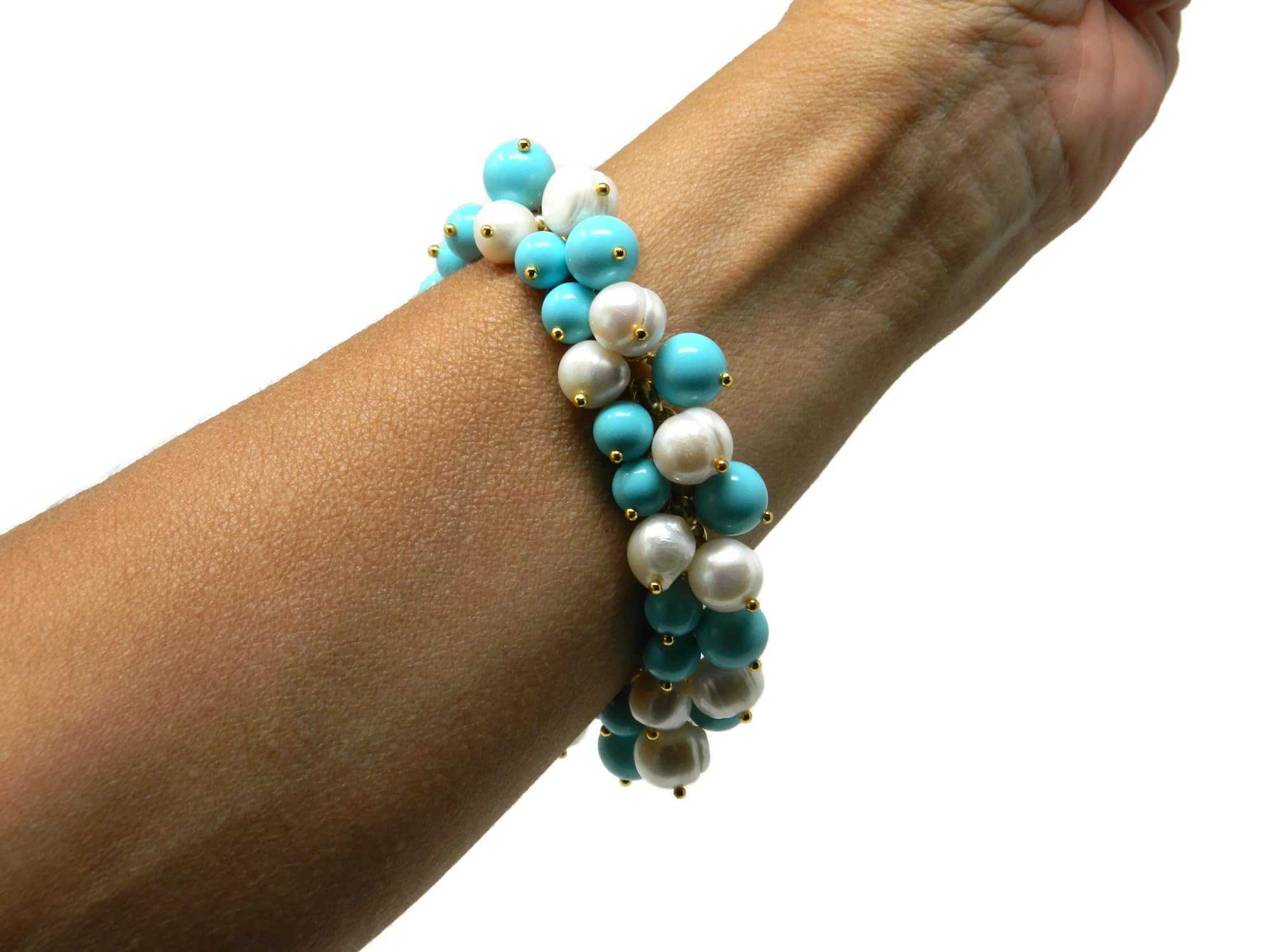DodiGioielli Bracciale Charms Donna con Palline in Pasta di Turchese e Perle di Fiume Bianche – Lunghezza 21 cm – Catena Dorata e Chiusura in Argento 925 Placcato Oro – Made in Italy – Nichel Free